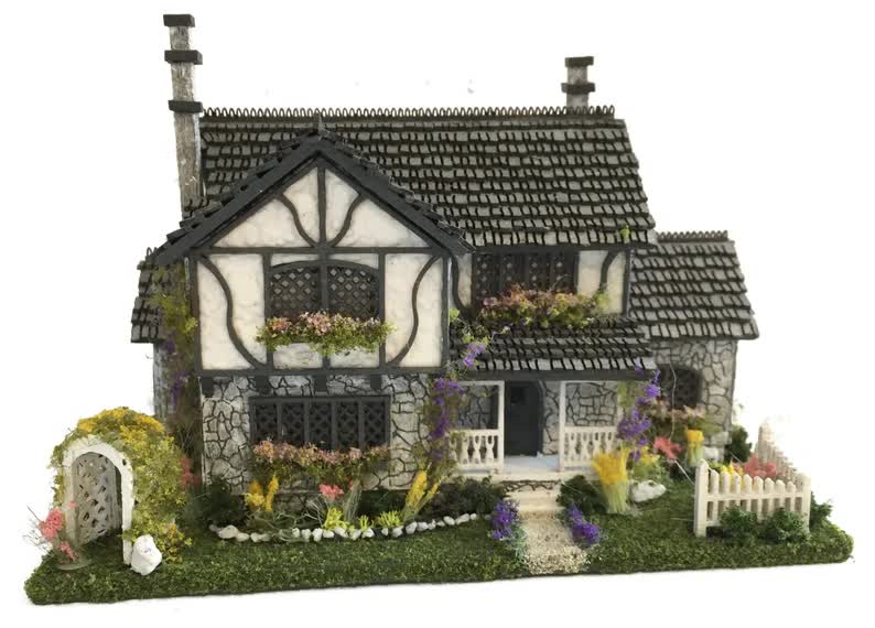 1:144 Scale Dollhouse KIT Tiny Tudor Style 5 Room Home Includes Greenery Foilage - Image 5