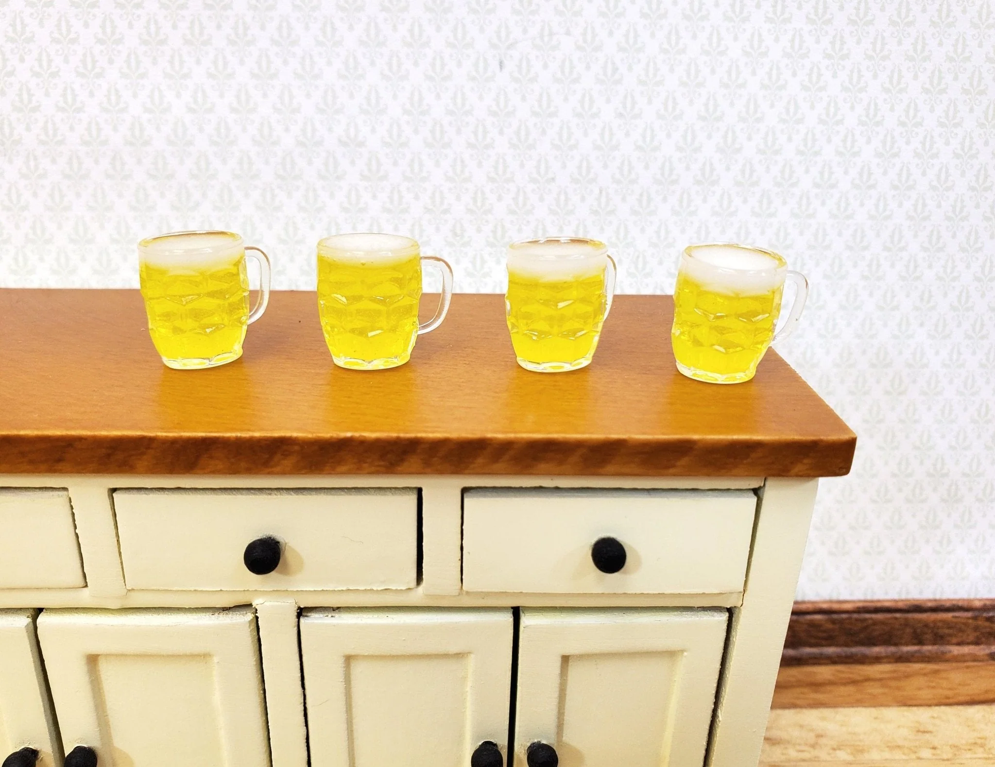 4 Dollhouse Mugs of Beer Ale with Foamy Head Use in 1:12 or 1/6 Scale Miniatures