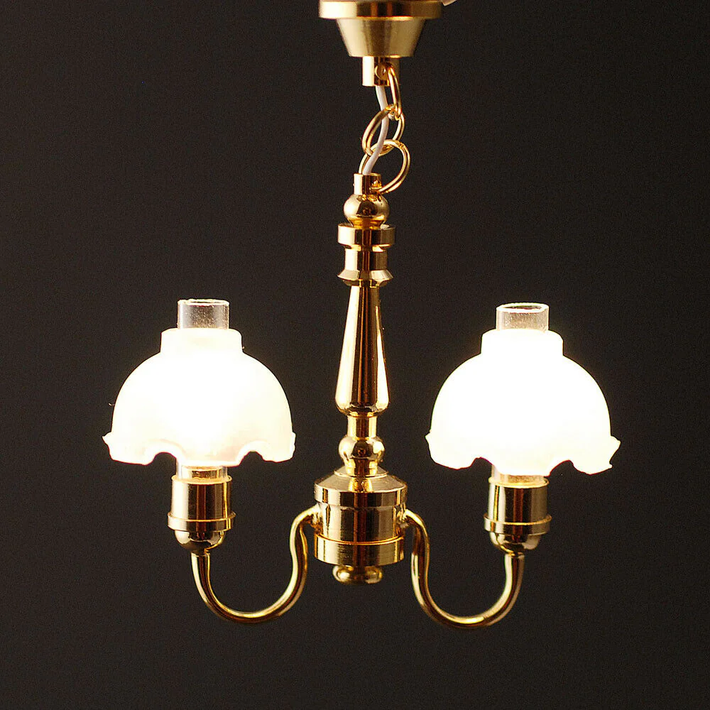 Dollhouse 2 Arm Flower Chandelier Light Hanging 12 Volt with Plug 1:12 Scale
