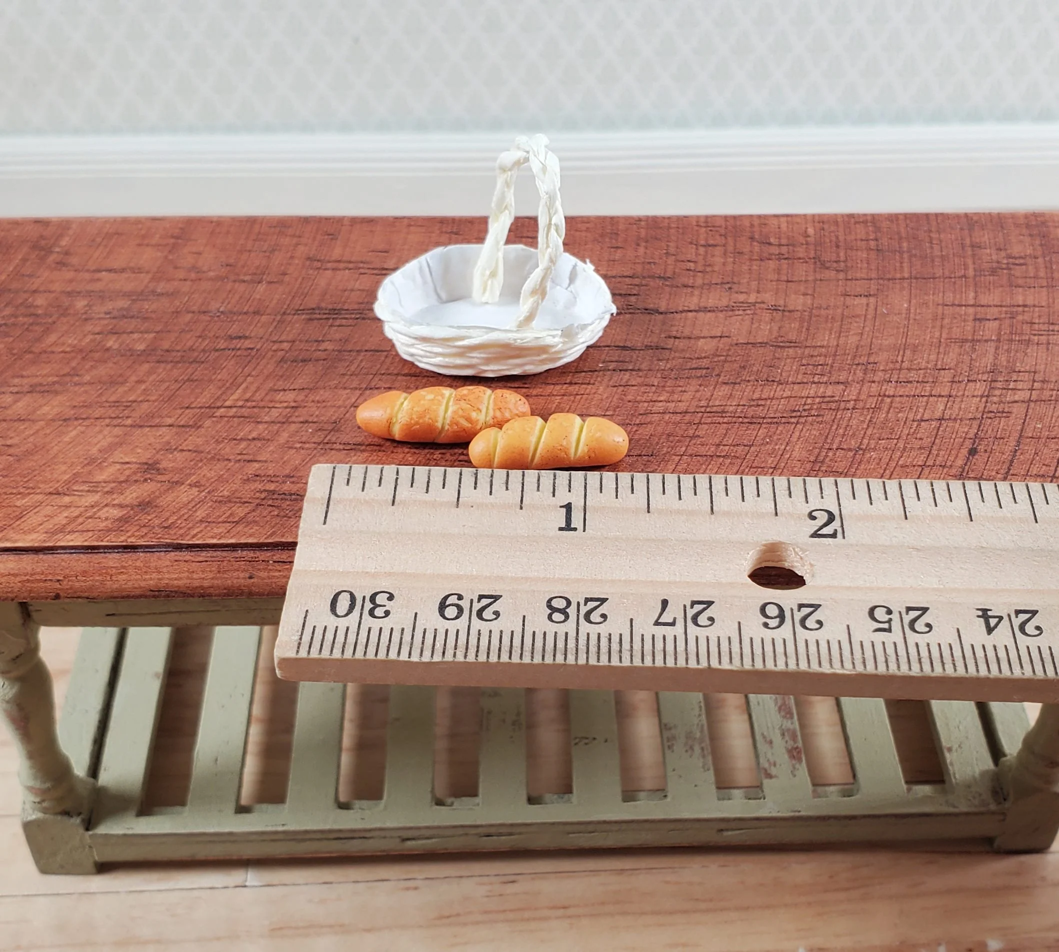 Dollhouse 2 Small Loaves of Bread in a White Basket 1:12 Scale Miniature - Image 3
