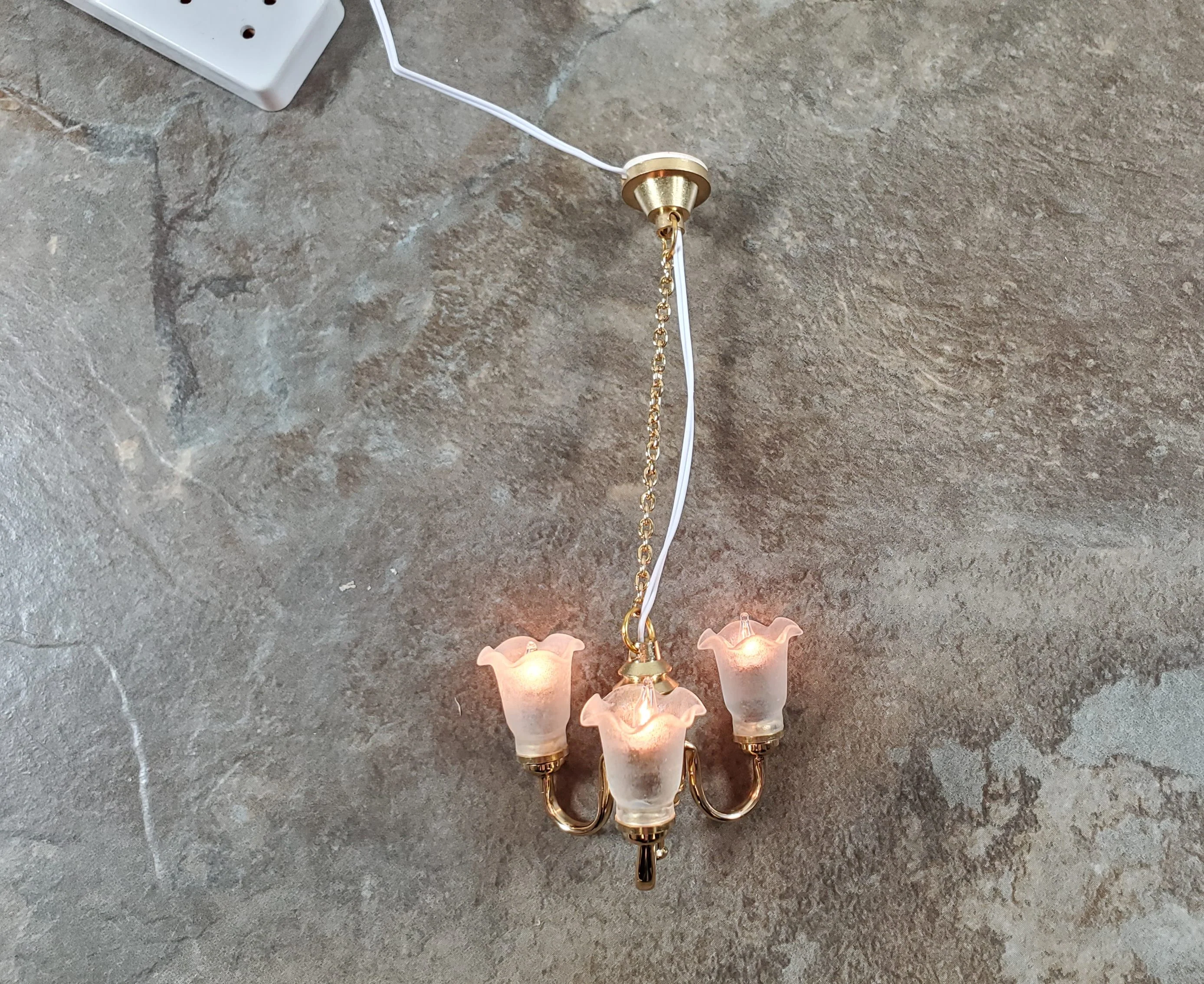 Dollhouse 3 Arm Chandelier Flower Shades 12 Volt Electric with Plug 1:12 Scale - Image 4