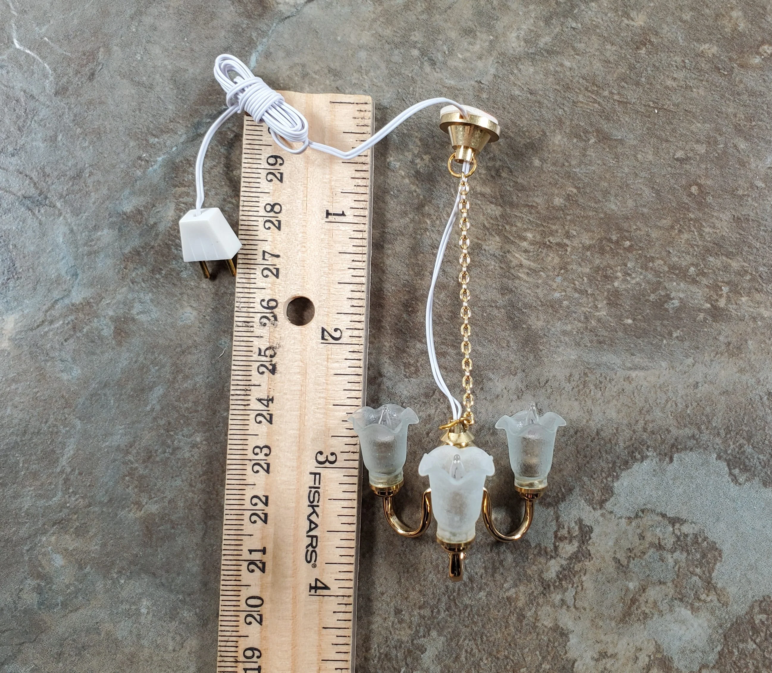 Dollhouse 3 Arm Chandelier Flower Shades 12 Volt Electric with Plug 1:12 Scale - Image 5
