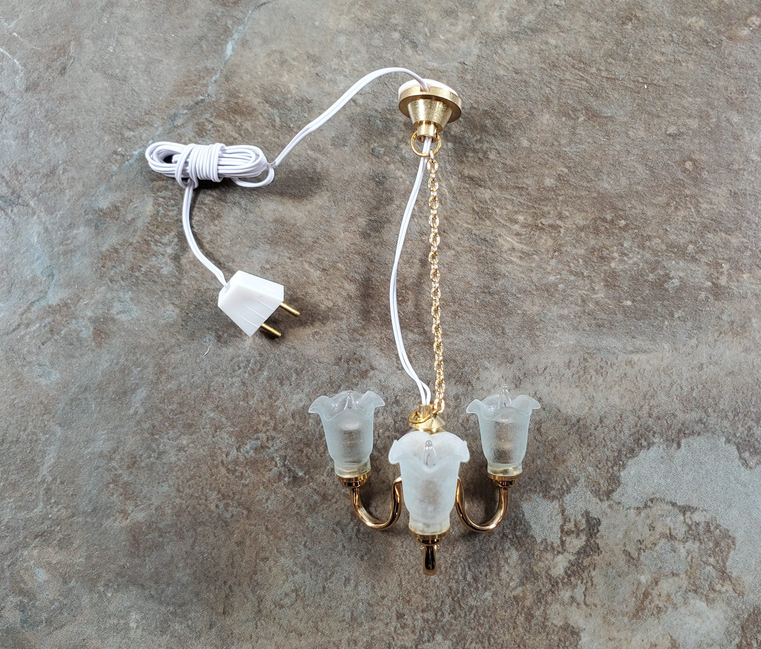 Dollhouse 3 Arm Flower Chandelier Light 12 Volt Electric with Plug 1:12 Scale - Image 2