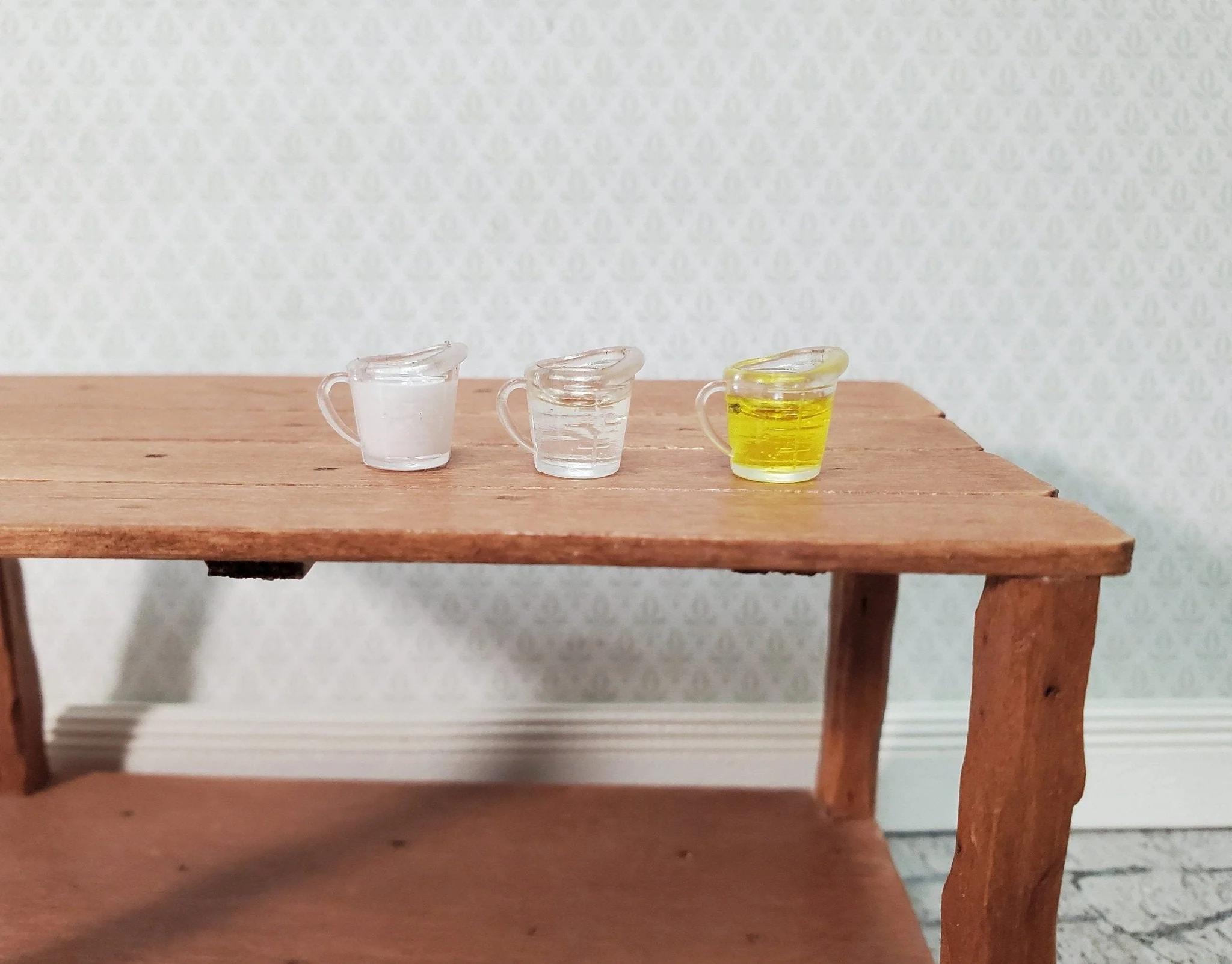 Dollhouse 3 Filled Measuring Cups Milk Water Oil 1:12 Scale Miniature Kitchen Food Groceries