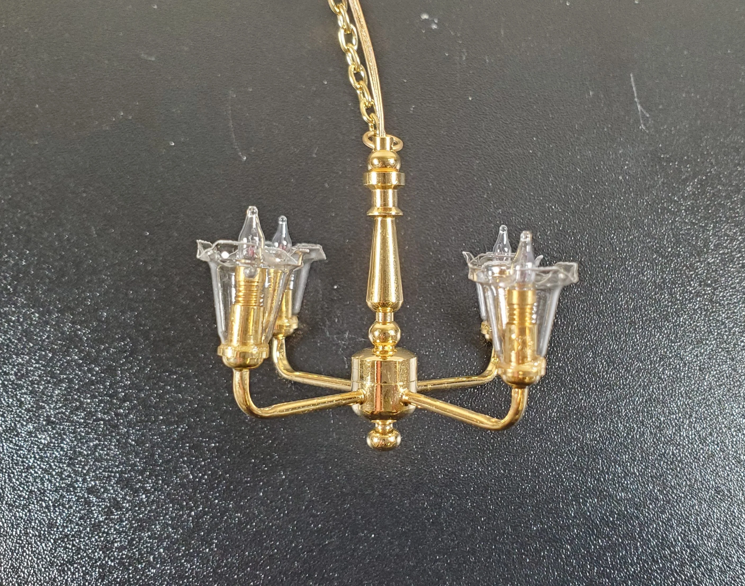 Dollhouse 4 Arm Chandelier Light Clear Tulip Shades 12 Volt with Plug 1:12 Scale - Image 2