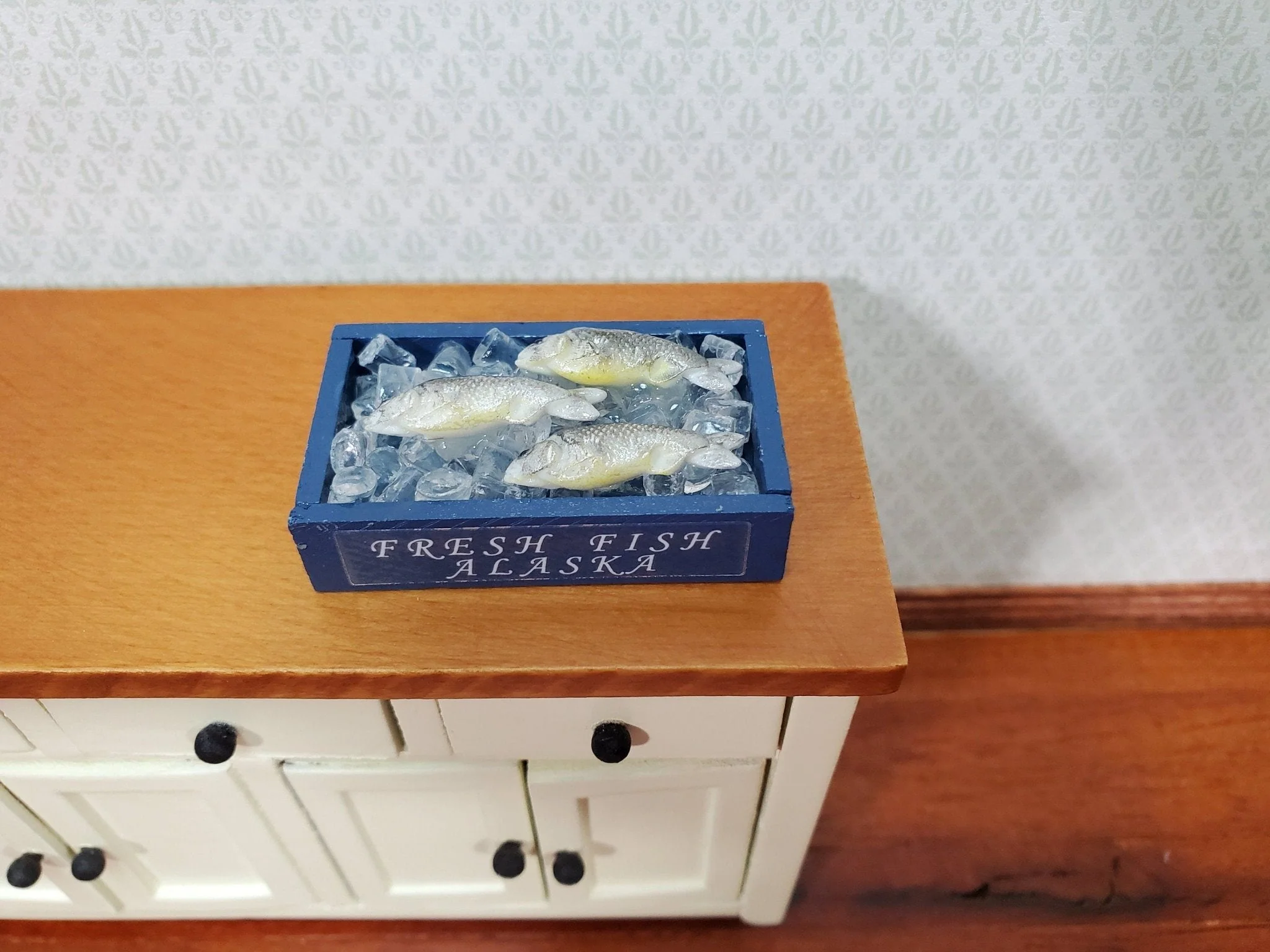 Dollhouse Alaskan Fish on Ice in Blue Crate Food Seafood Grocer Grocery Store 1:12 Scale Miniature