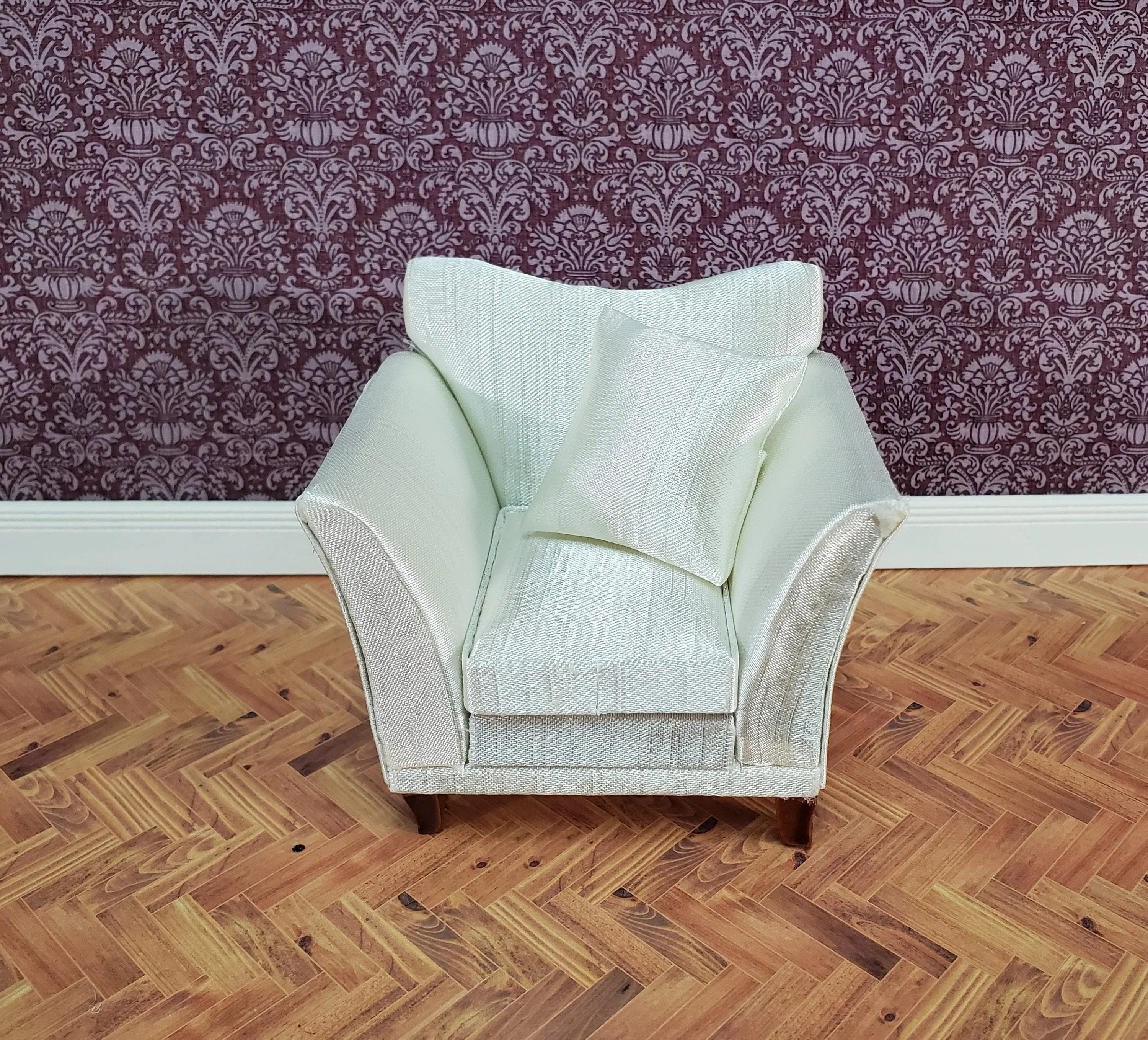 Dollhouse Arm Chair Cream Faux Silk with Cushion 1:12 Scale Miniature Furniture - Image 2