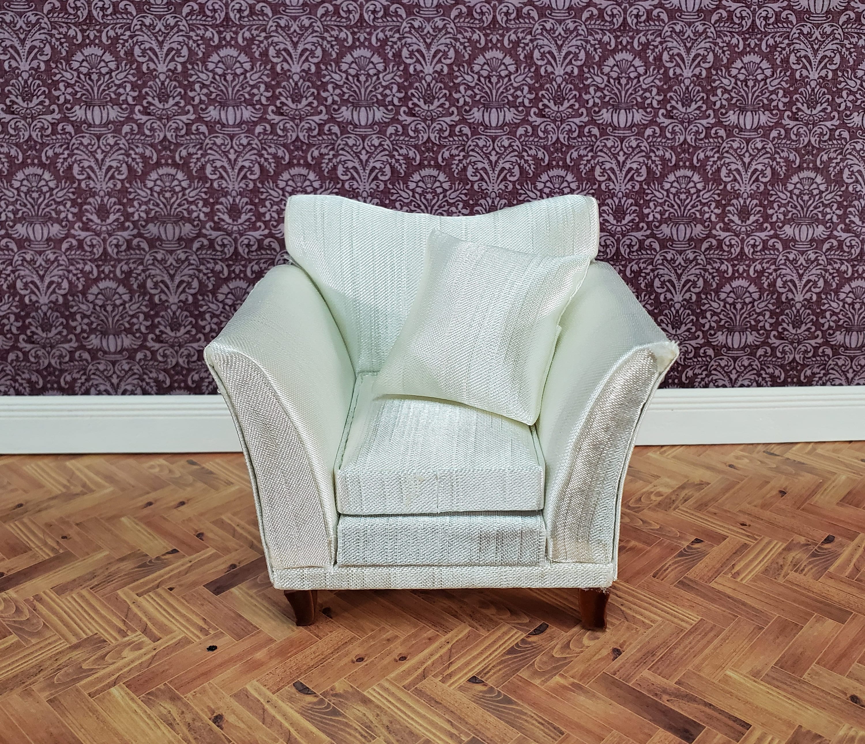Dollhouse Arm Chair Cream Faux Silk with Cushion 1:12 Scale Miniature Furniture - Image 3