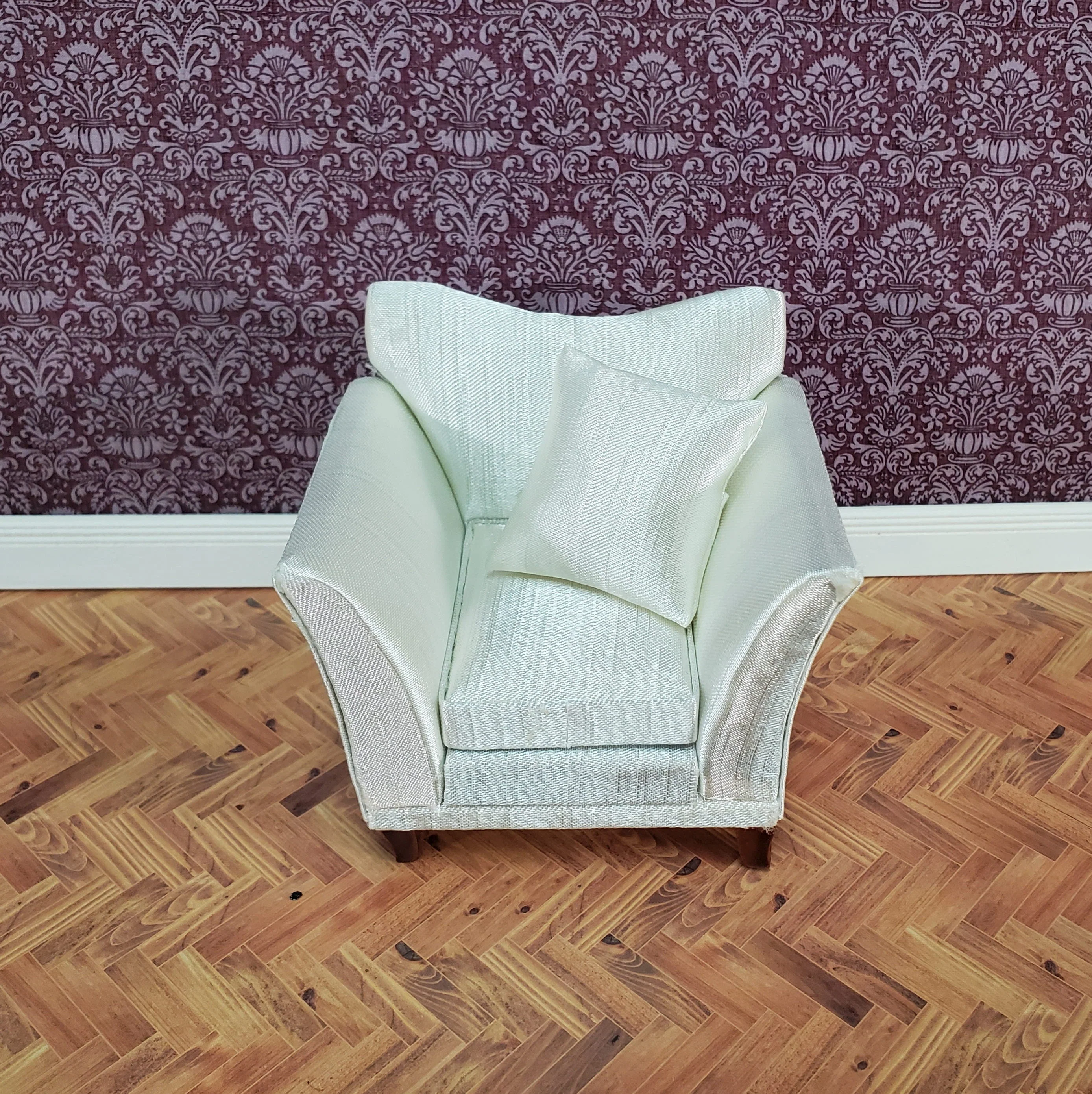 Dollhouse Arm Chair Cream Faux Silk with Cushion 1:12 Scale Miniature Furniture - Image 4