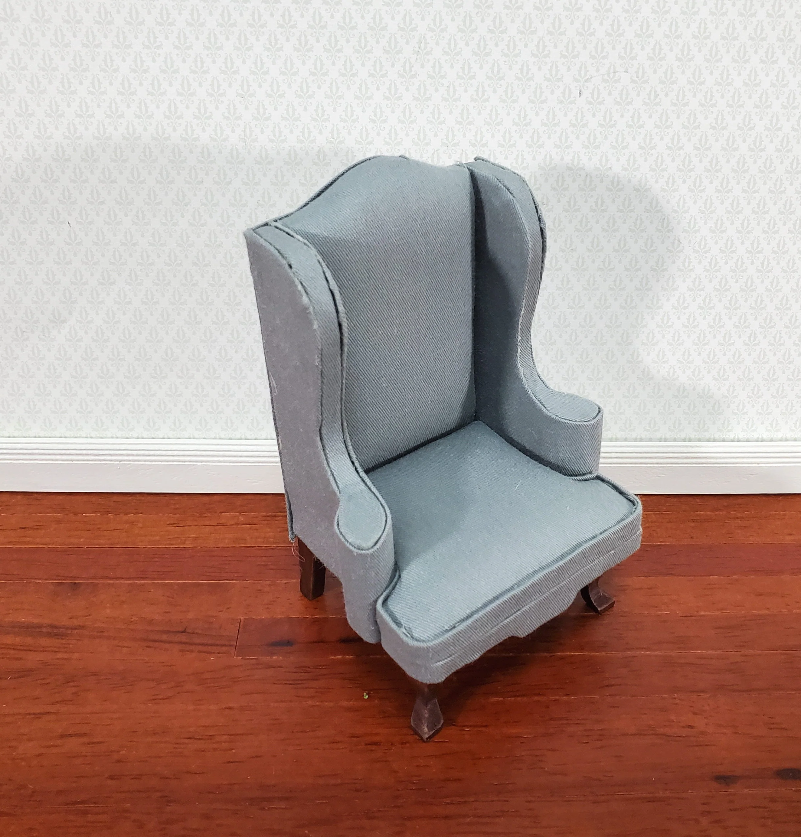 Dollhouse Arm Chair Wing Back Gray Fabric 1:12 Scale Miniature Furniture - Image 2