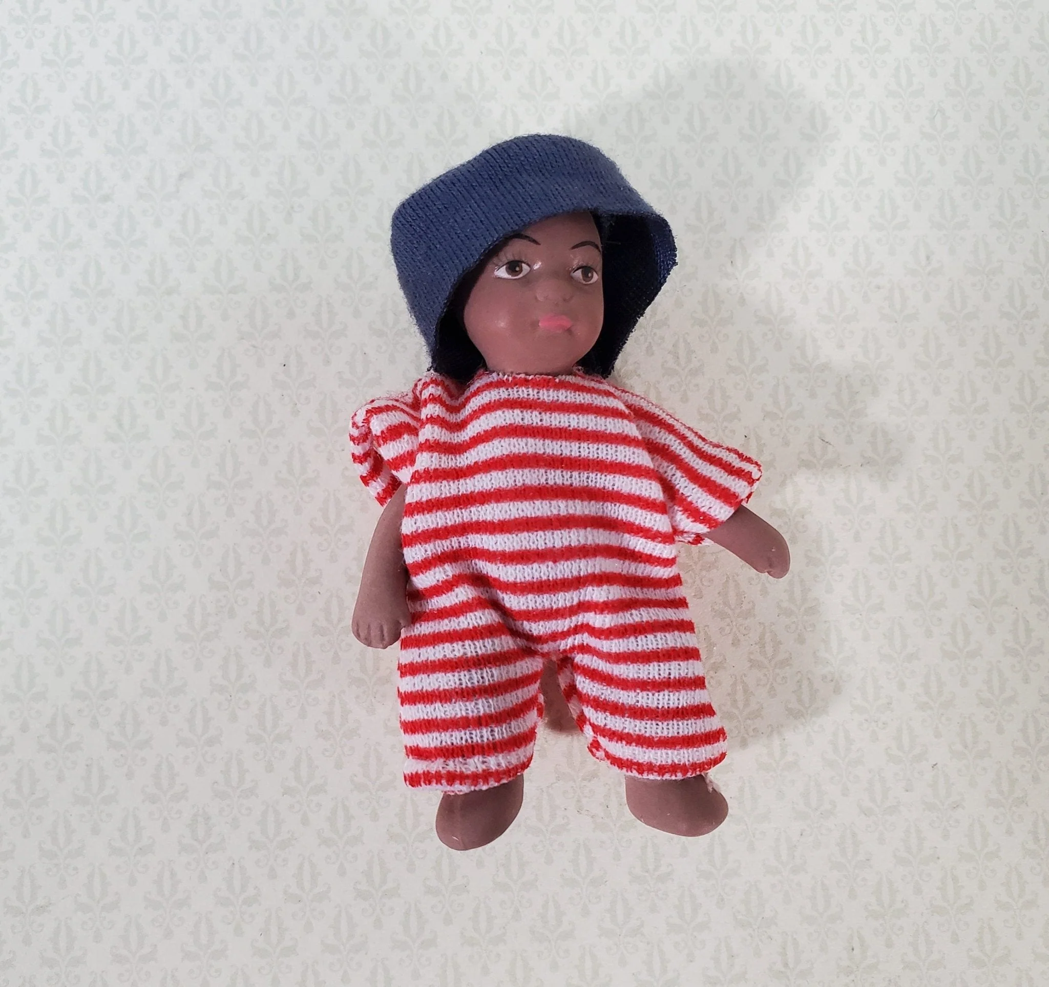 Dollhouse Baby Doll Black Brown Boy Porcelain Moveable 1:12 Scale Miniature Pink Outfit - Image 2