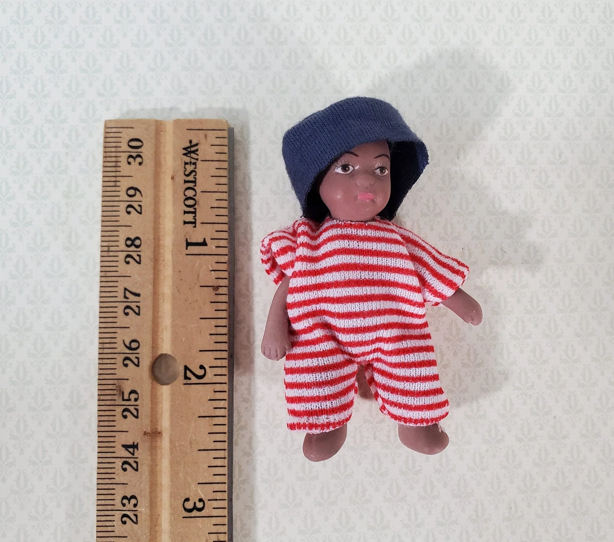 Dollhouse Baby Doll Black Brown Boy Porcelain Moveable 1:12 Scale Miniature Pink Outfit - Image 3
