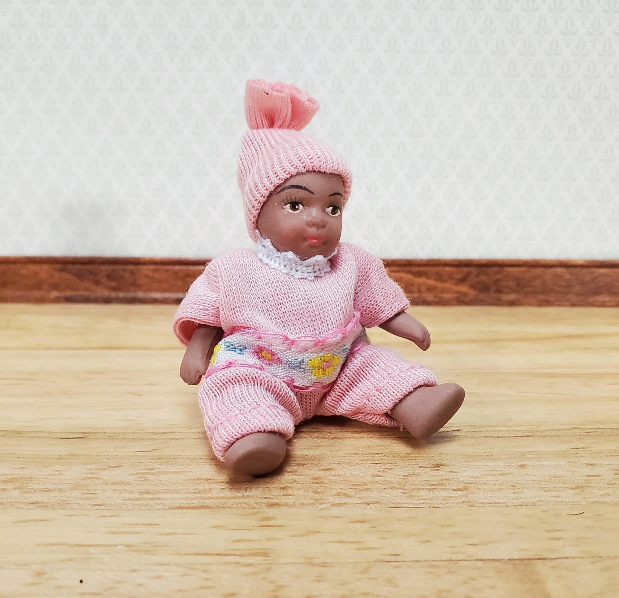 Dollhouse Baby Doll Black Brown Porcelain Moveable 1:12 Scale Miniature Pink Outfit