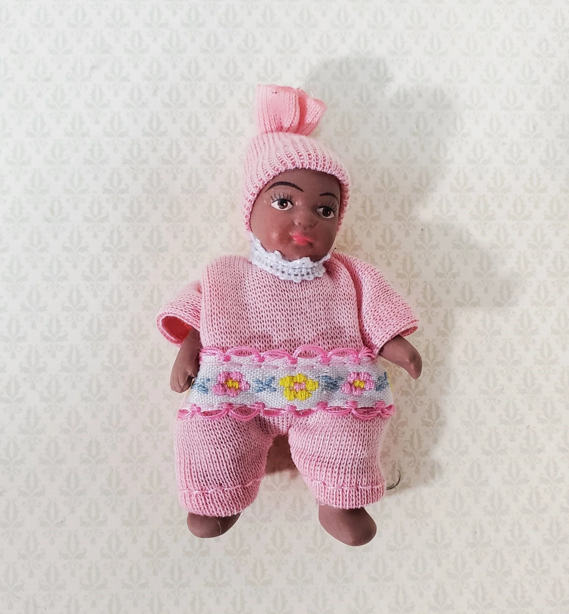 Dollhouse Baby Doll Black Brown Porcelain Moveable 1:12 Scale Miniature Pink Outfit - Image 2
