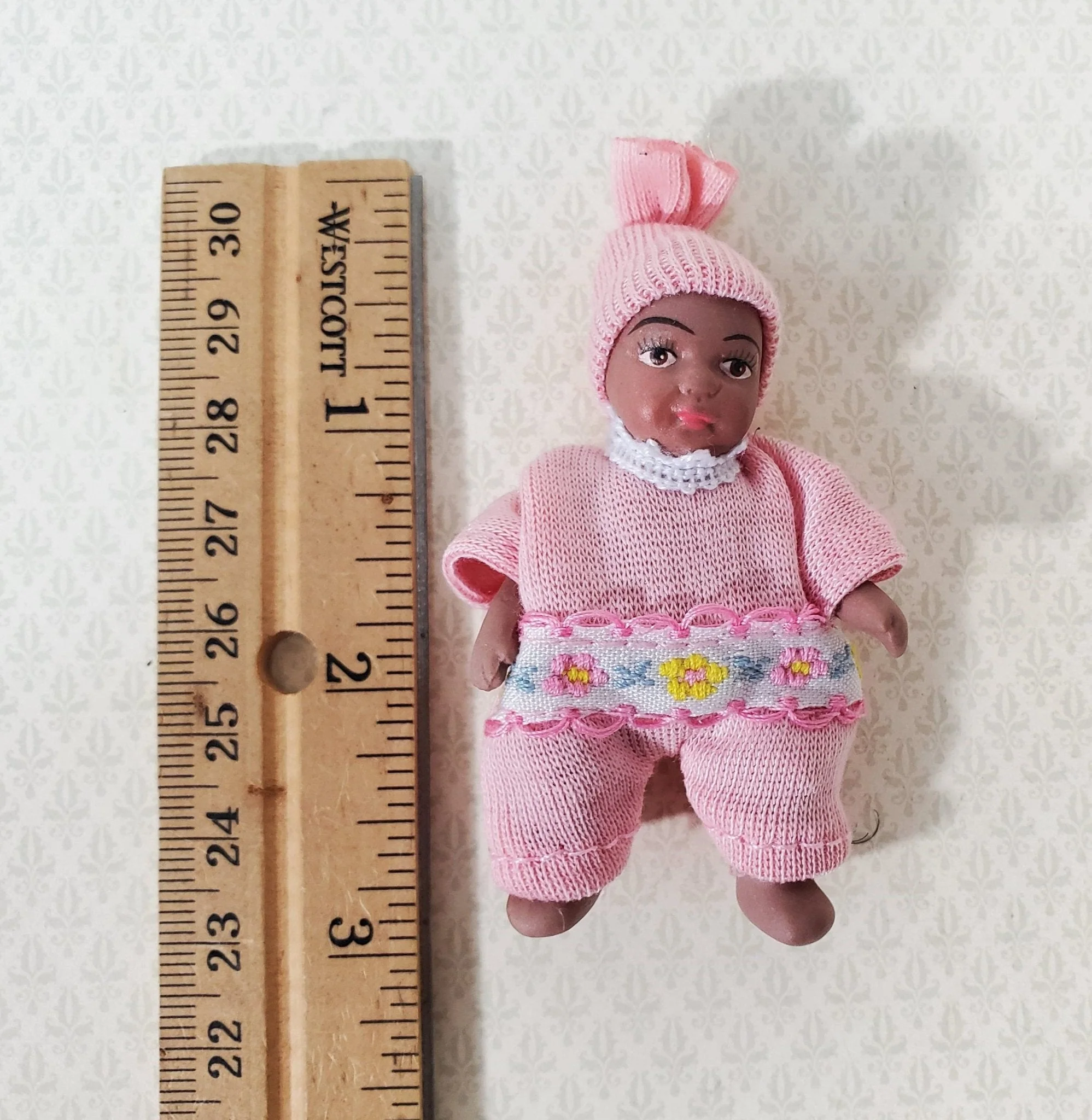 Dollhouse Baby Doll Black Brown Porcelain Moveable 1:12 Scale Miniature Pink Outfit - Image 3