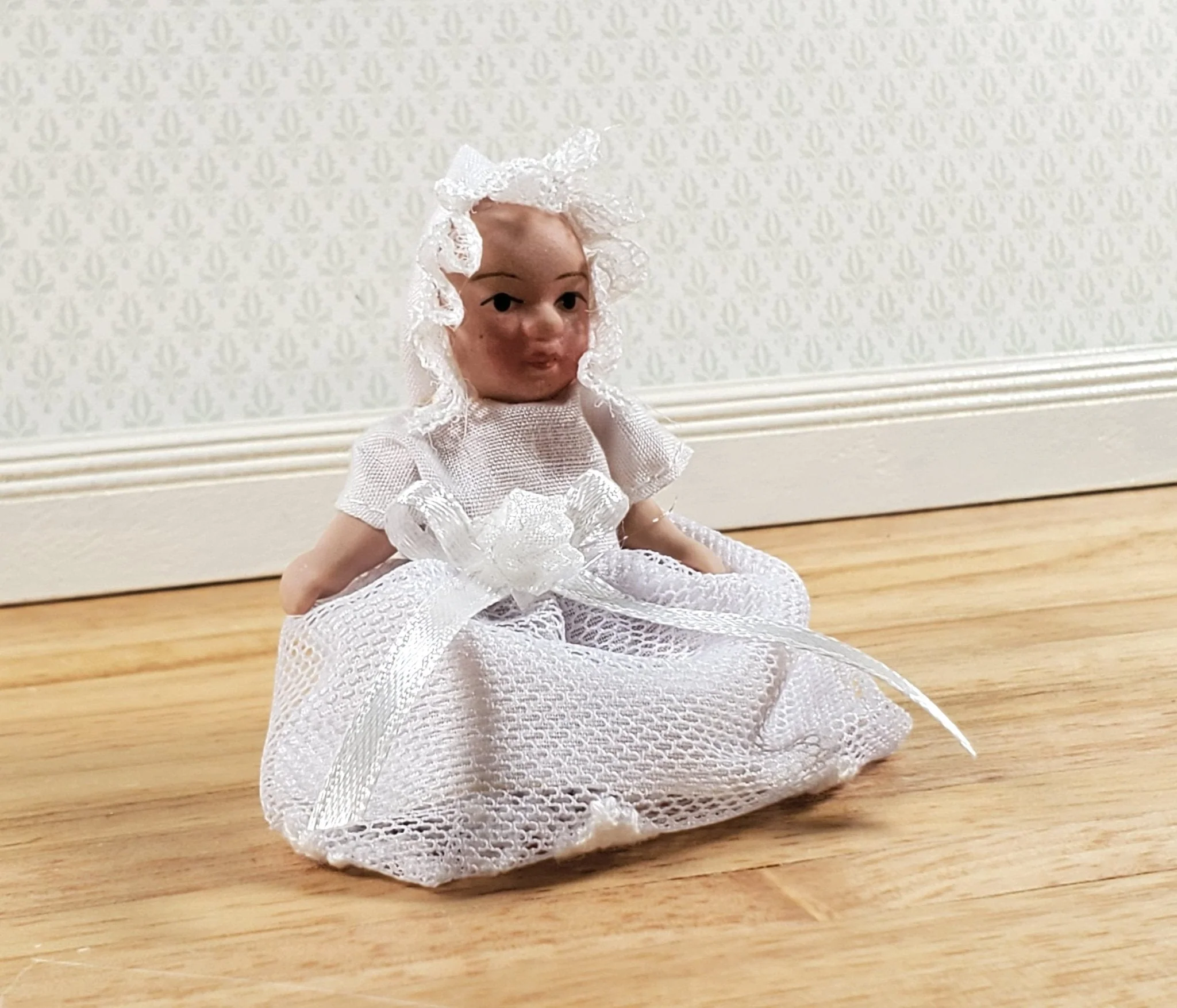 Dollhouse Baby Doll in Long White Gown with Lace Porcelain 1:12 Scale Miniature