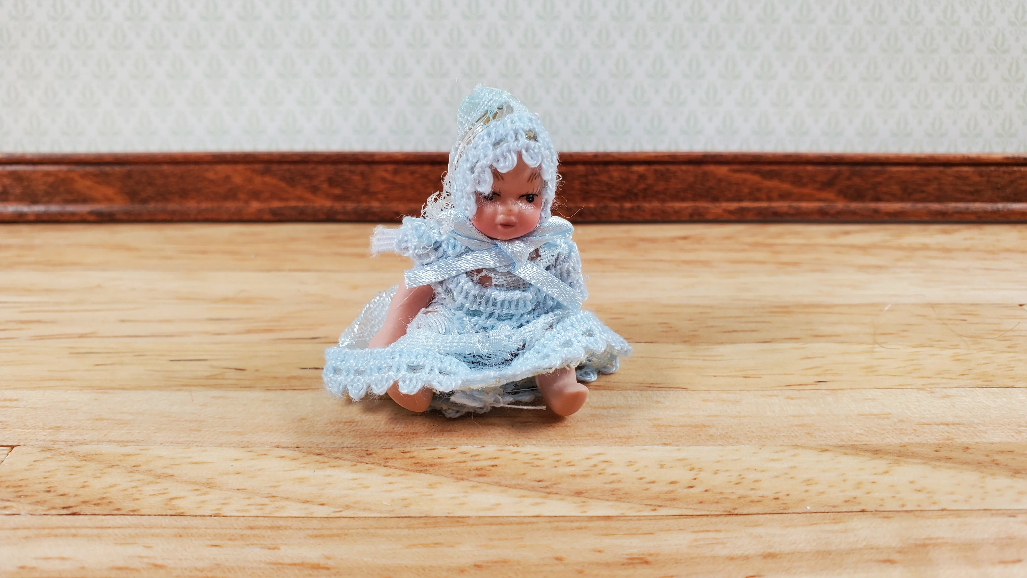 Dollhouse Baby Doll Porcelain Moveable 1:12 Scale Miniature Blue Lace Outfit - Image 3
