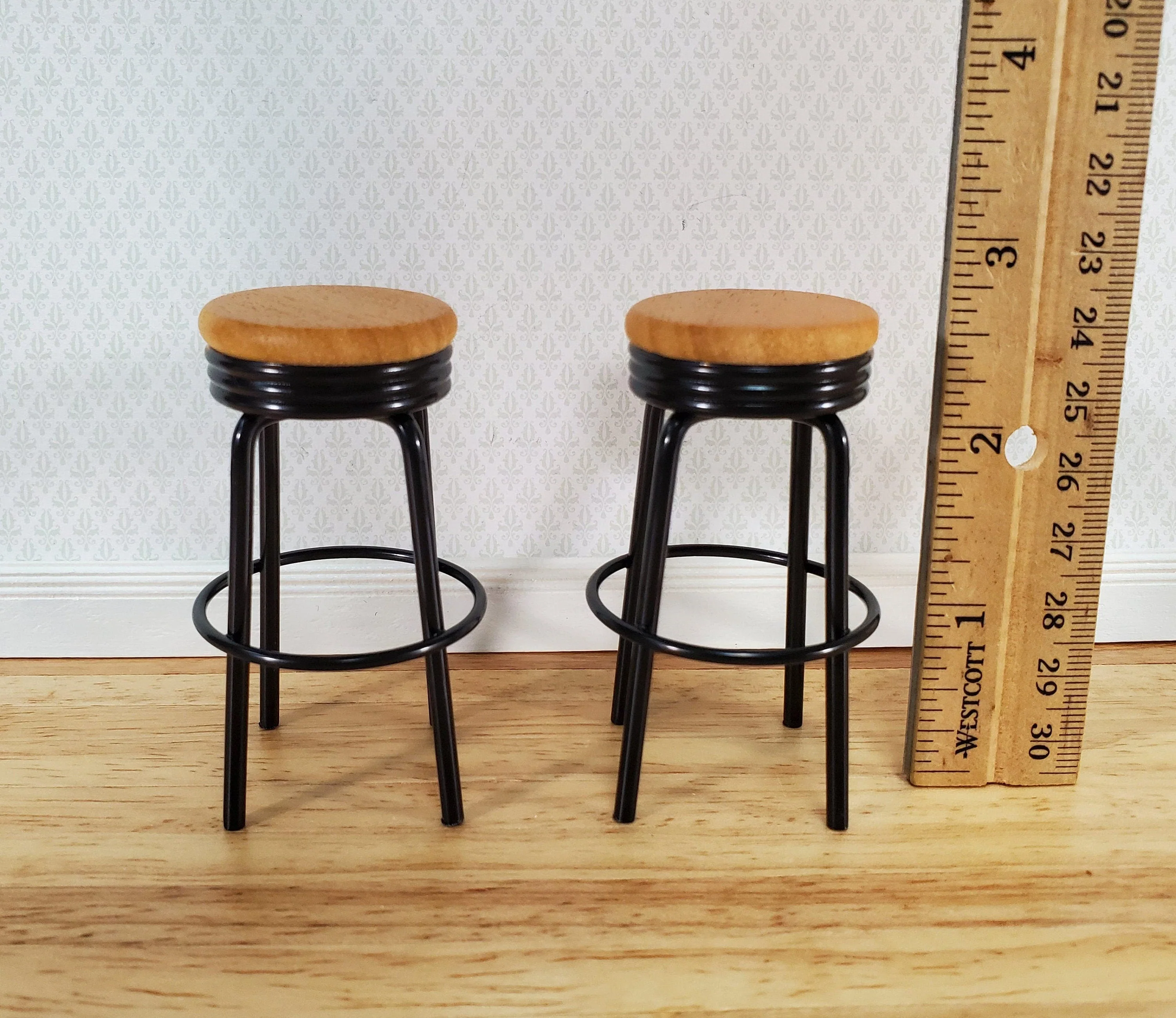 Dollhouse Bar Stools x2 Metal and Wood Black Finish 1:12 Scale Miniature Modern Furniture - Image 3