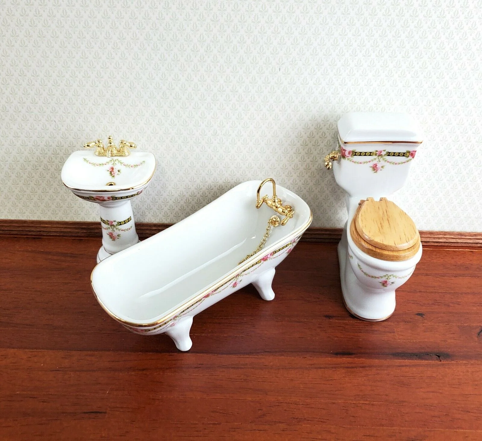Reutter Porcelain Dollhouse Bathroom Set Victorian Rose 1:12 Scale Tub Sink ++ - Image 2