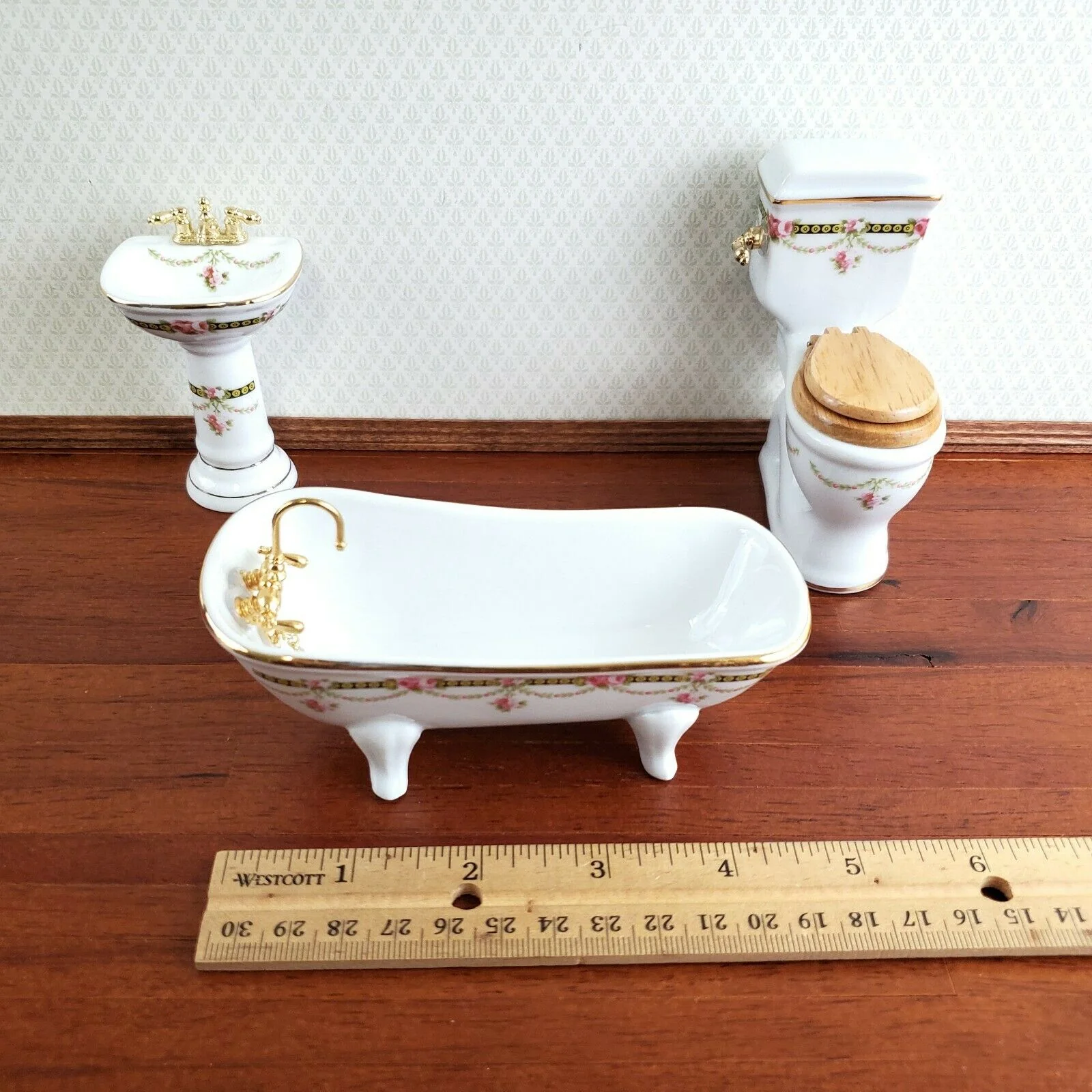 Reutter Porcelain Dollhouse Bathroom Set Victorian Rose 1:12 Scale Tub Sink ++ - Image 4