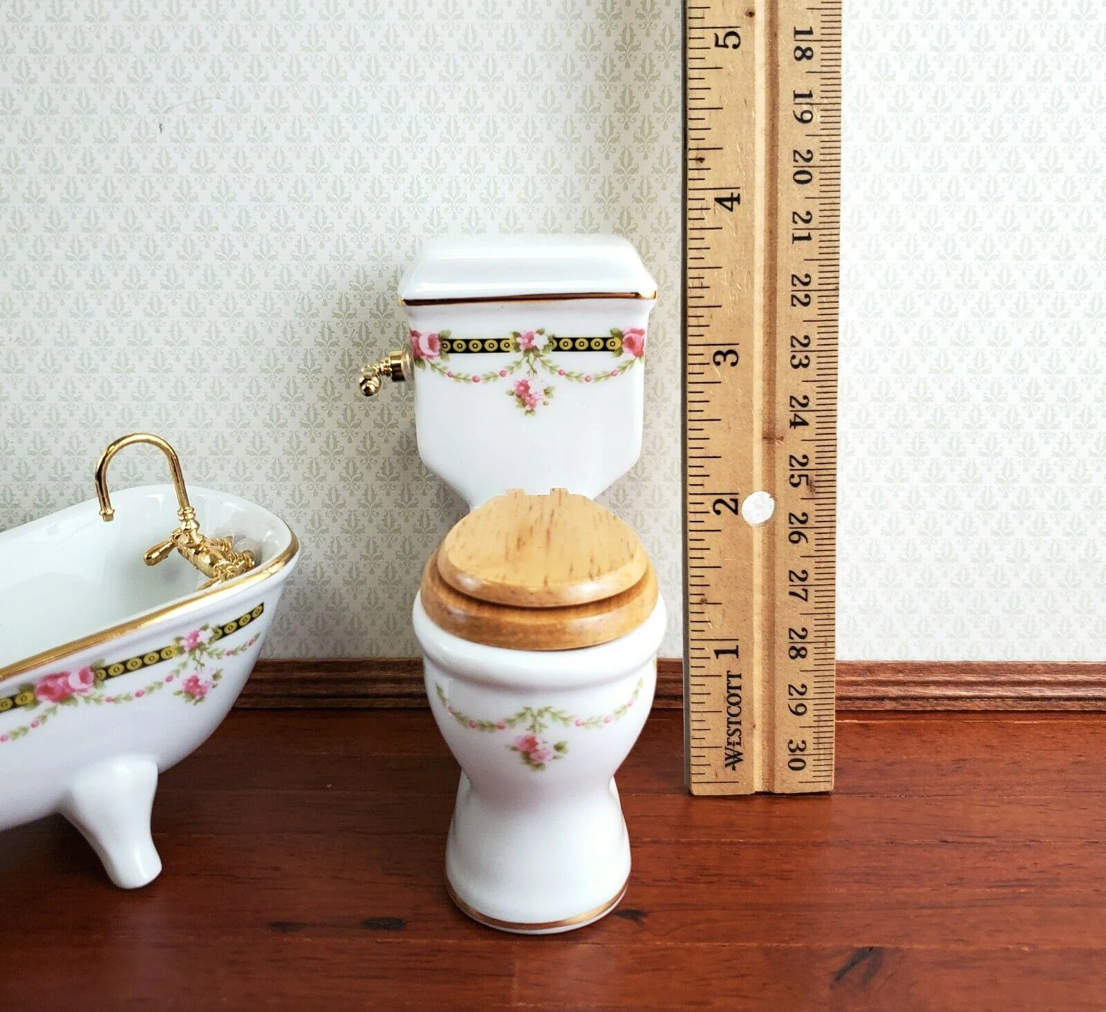 Reutter Porcelain Dollhouse Bathroom Set Victorian Rose 1:12 Scale Tub Sink ++ - Image 5