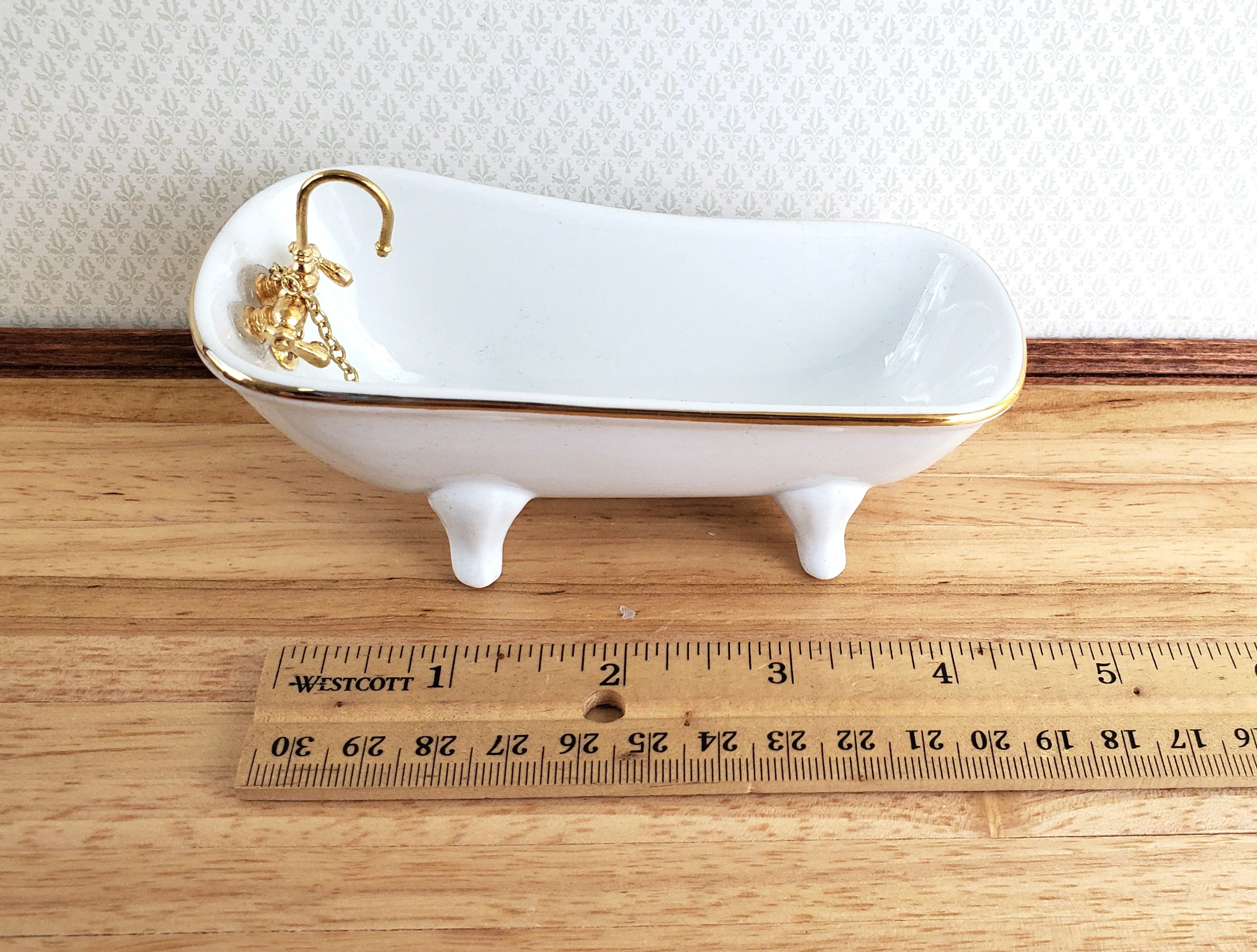 Dollhouse Bathroom Set Reutter Porcelain Tub Toilet Sink White & Gold 1:12 Scale Miniatures - Image 4