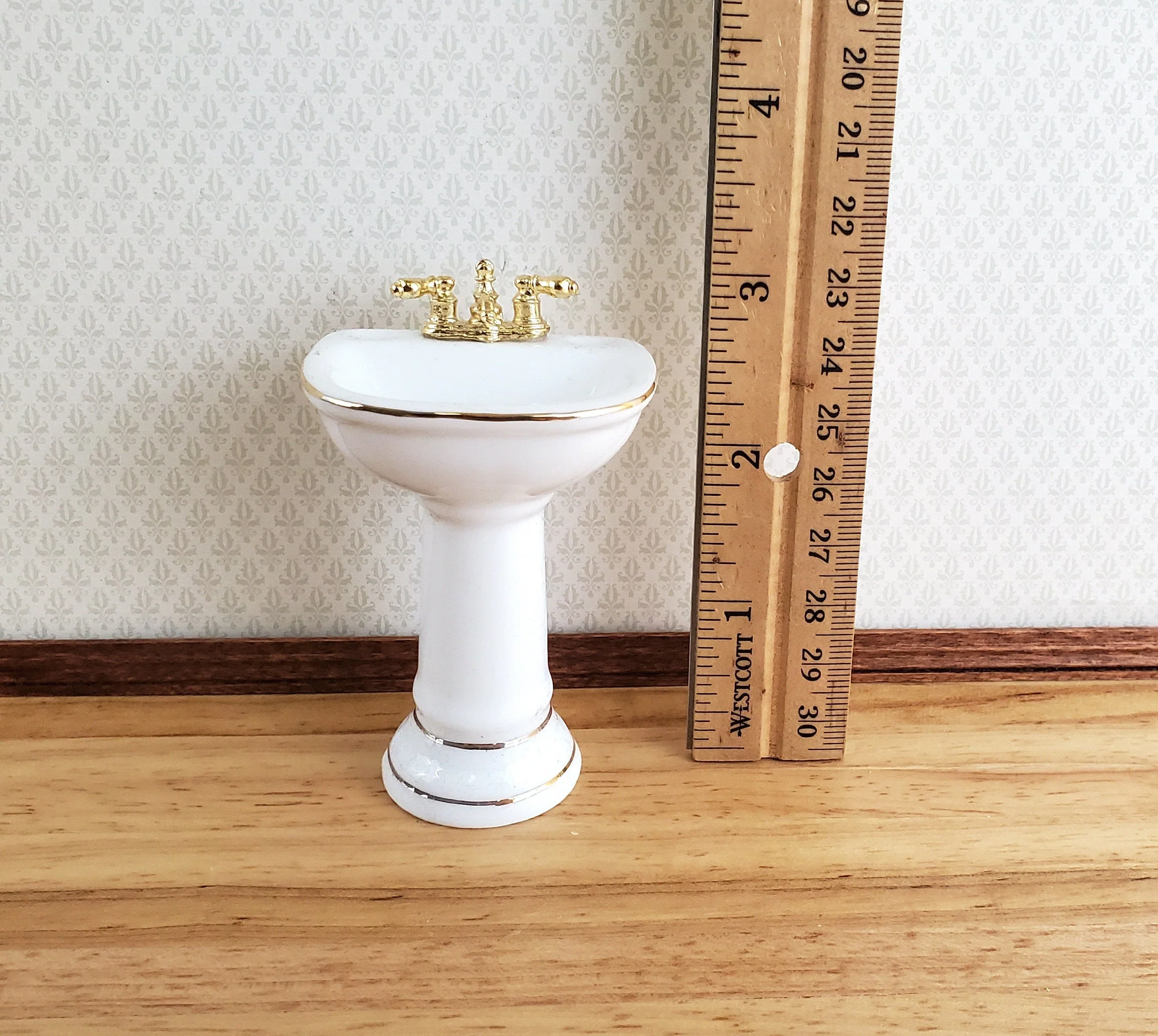 Dollhouse Bathroom Set Reutter Porcelain Tub Toilet Sink White & Gold 1:12 Scale Miniatures - Image 5