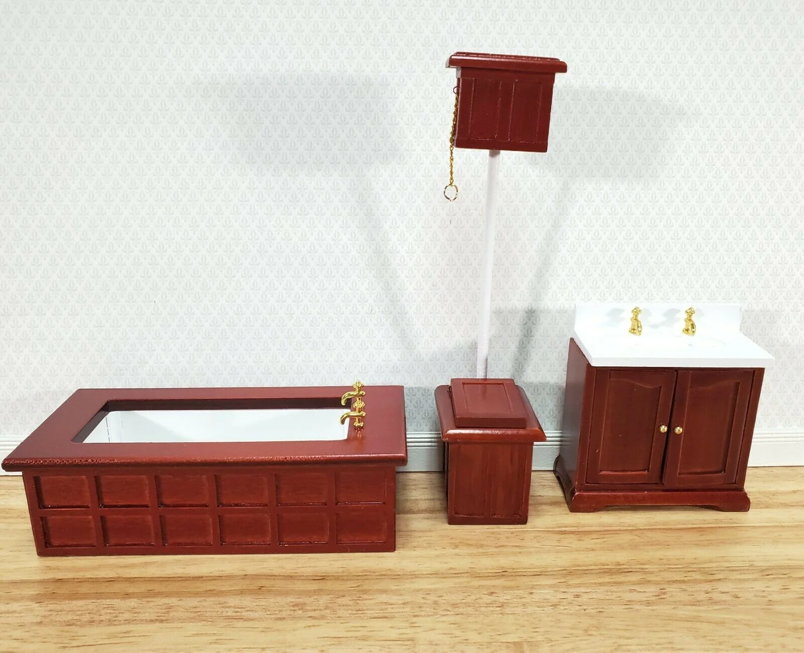 Dollhouse Bathroom Set Victorian Tub Toilet Sink Mahogany Finish 1:12 Scale Miniature Furniture - Image 2