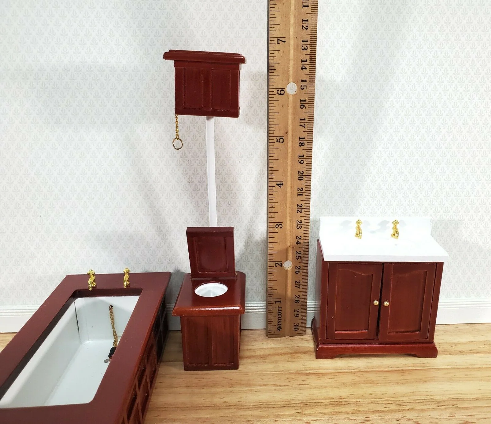 Dollhouse Bathroom Set Victorian Tub Toilet Sink Mahogany Finish 1:12 Scale Miniature Furniture - Image 3