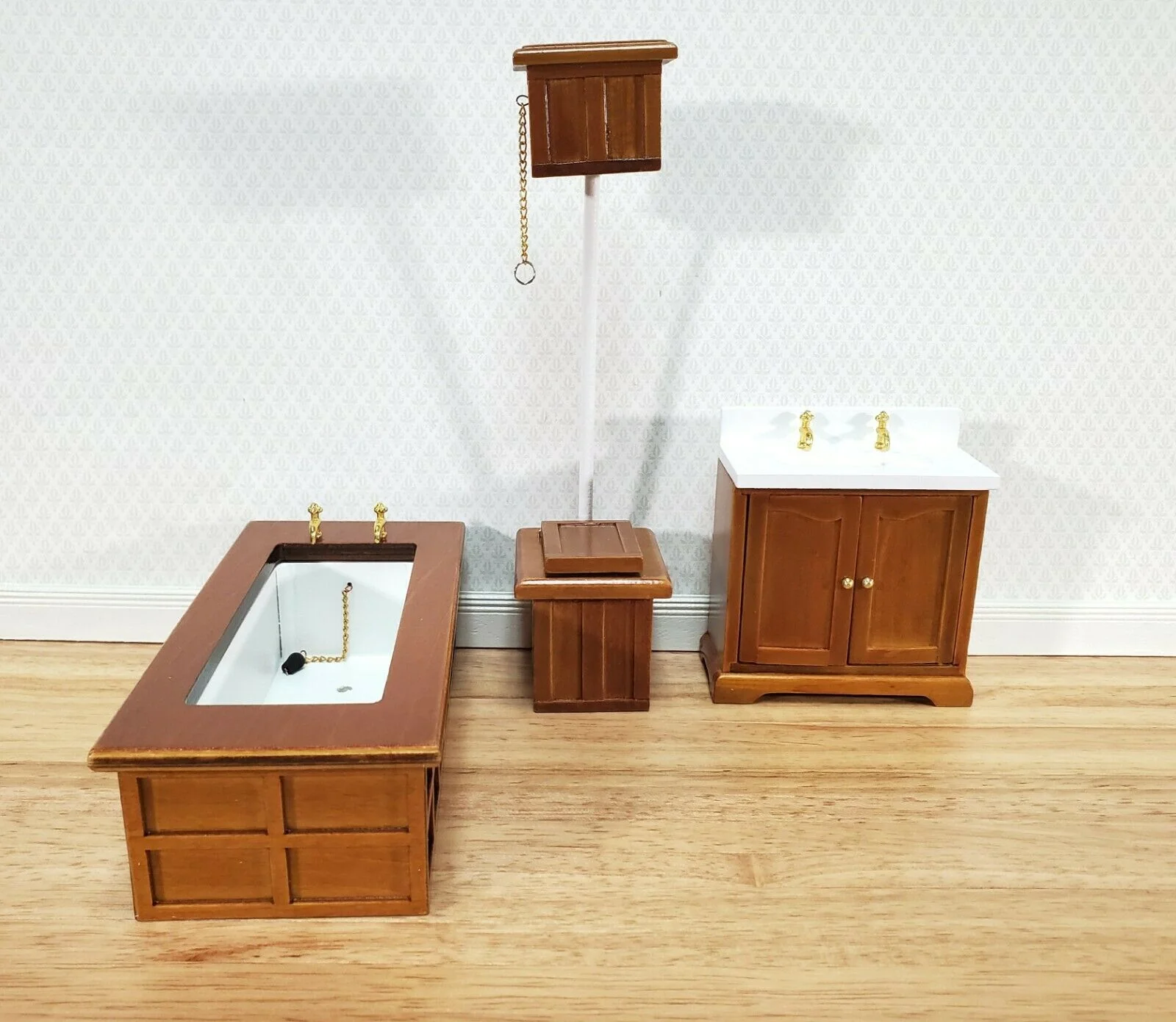 Dollhouse Bathroom Set Victorian Tub Toilet Sink Walnut Finish 1:12 Scale Miniature Furniture