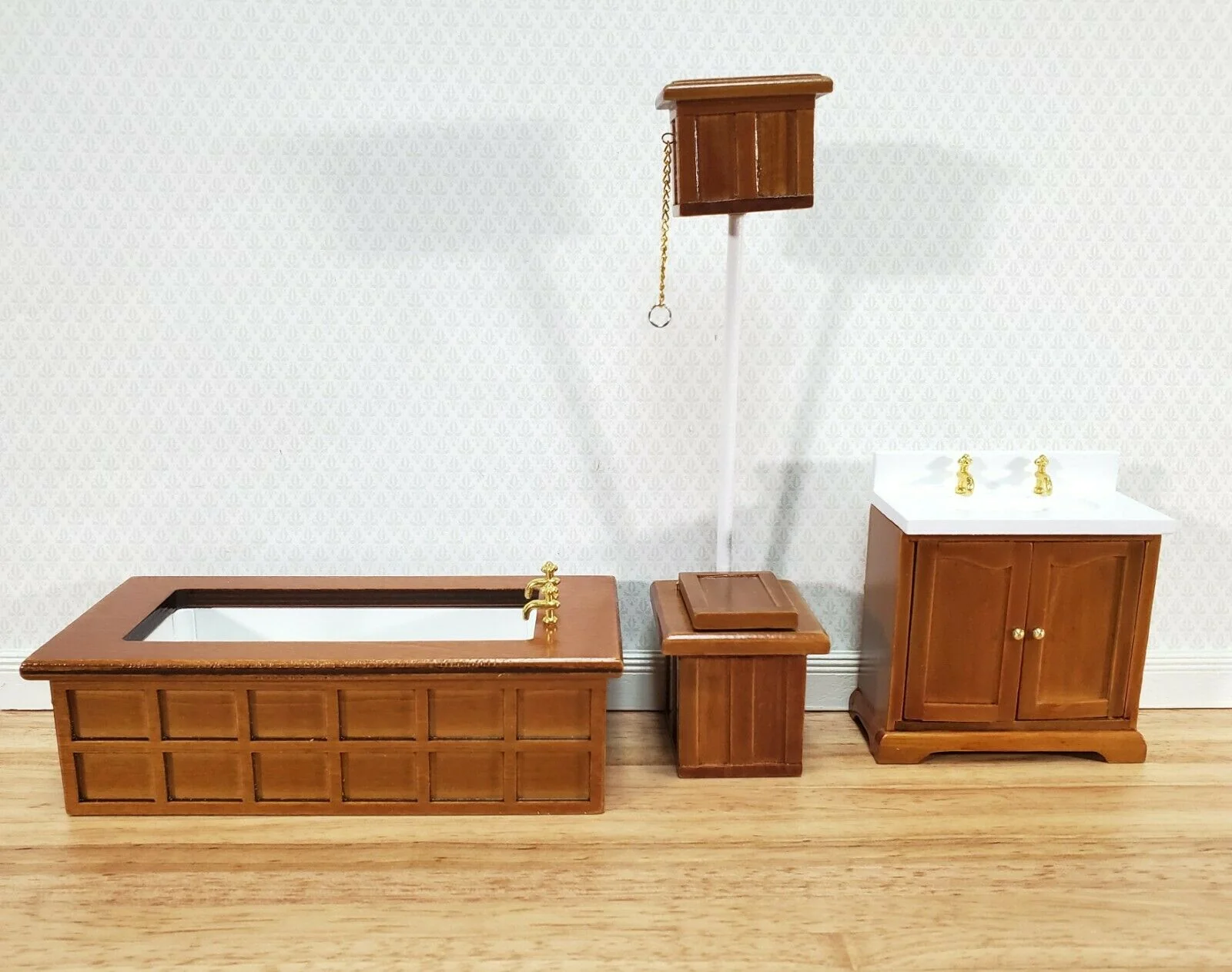 Dollhouse Bathroom Set Victorian Tub Toilet Sink Walnut Finish 1:12 Scale Miniature Furniture - Image 2