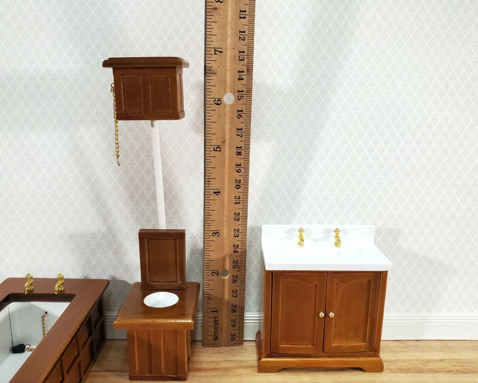 Dollhouse Bathroom Set Victorian Tub Toilet Sink Walnut Finish 1:12 Scale Miniature Furniture - Image 3