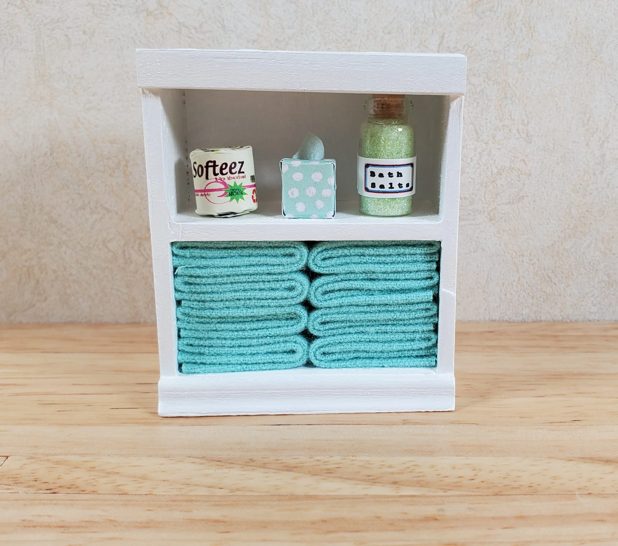 Dollhouse Bathroom Shelf with Teal Towels & Accessories 1:12 Scale Handmade - Image 2