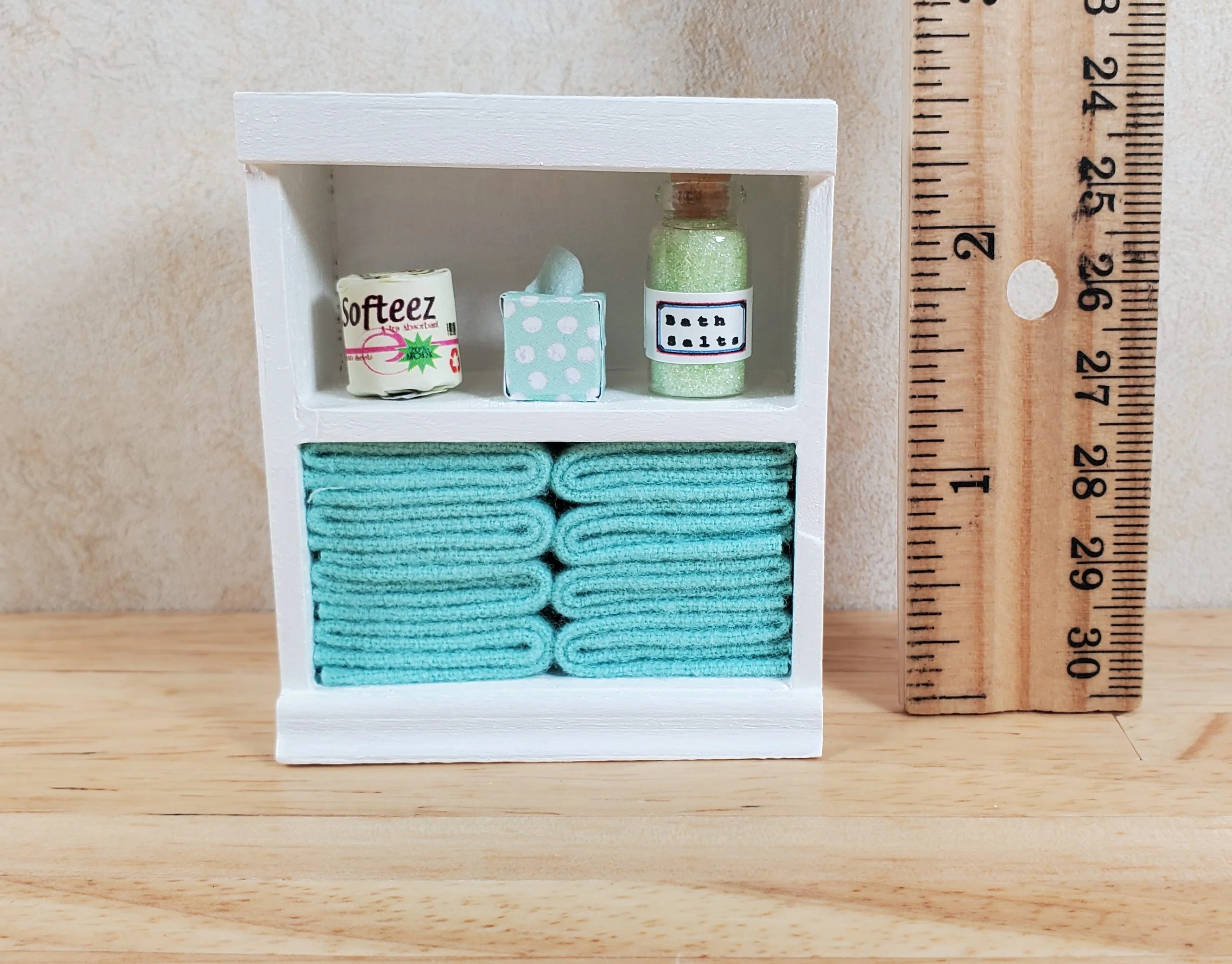 Dollhouse Bathroom Shelf with Teal Towels & Accessories 1:12 Scale Handmade - Image 5