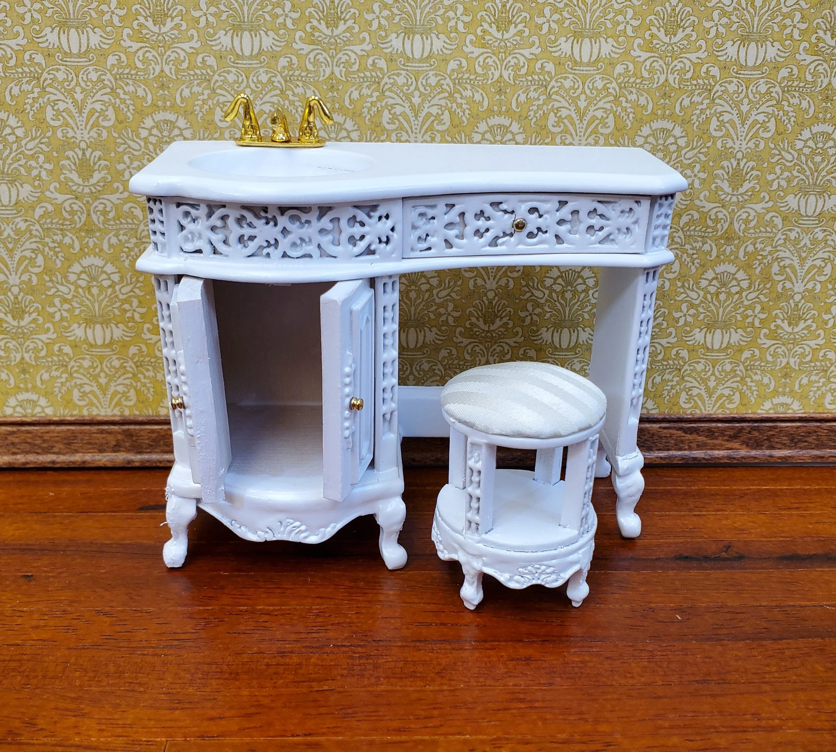 Dollhouse Bathroom Vanity Sink with Stool White Wood 1:12 Scale Miniature Furniture - Image 3