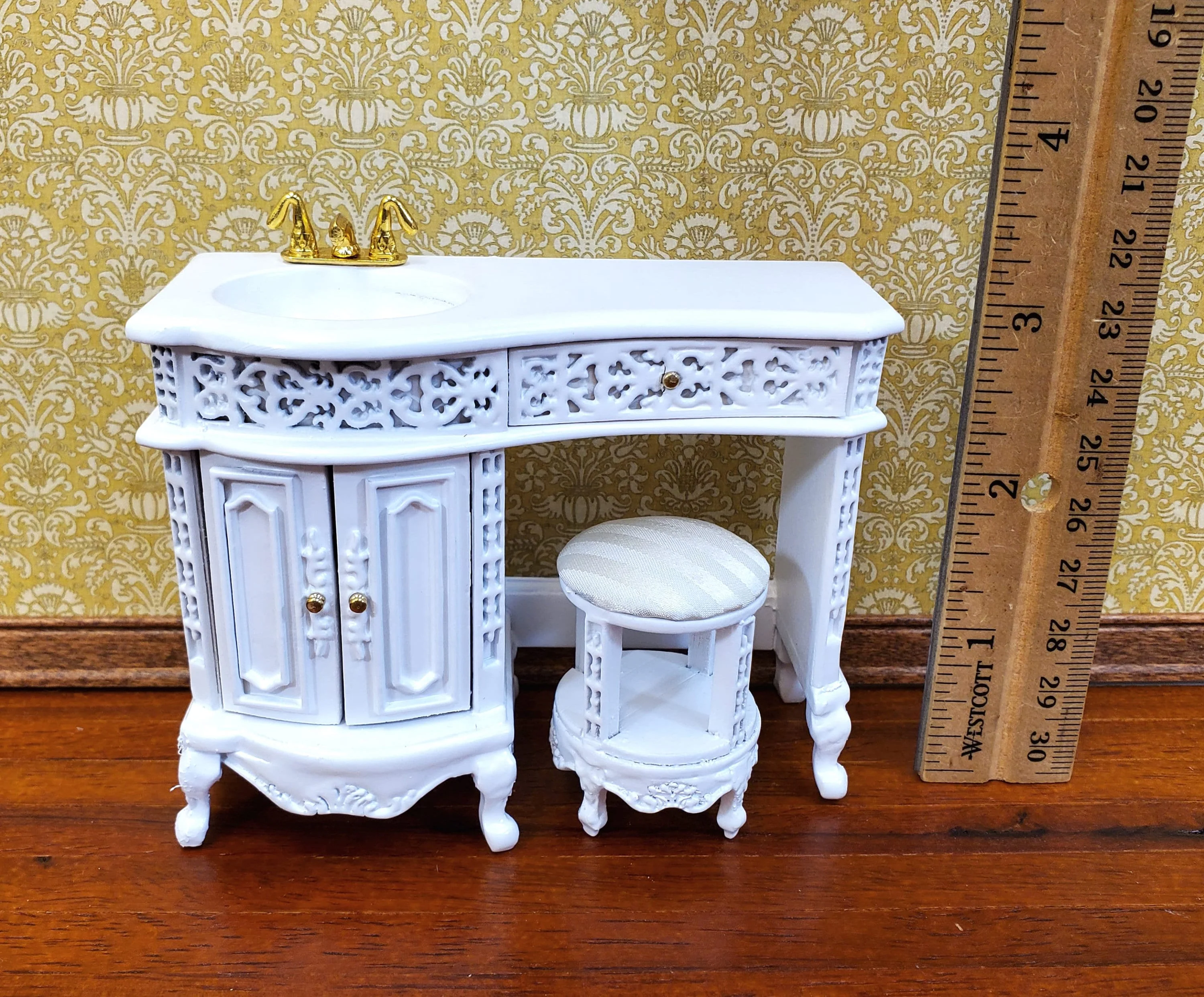 Dollhouse Bathroom Vanity Sink with Stool White Wood 1:12 Scale Miniature Furniture - Image 6