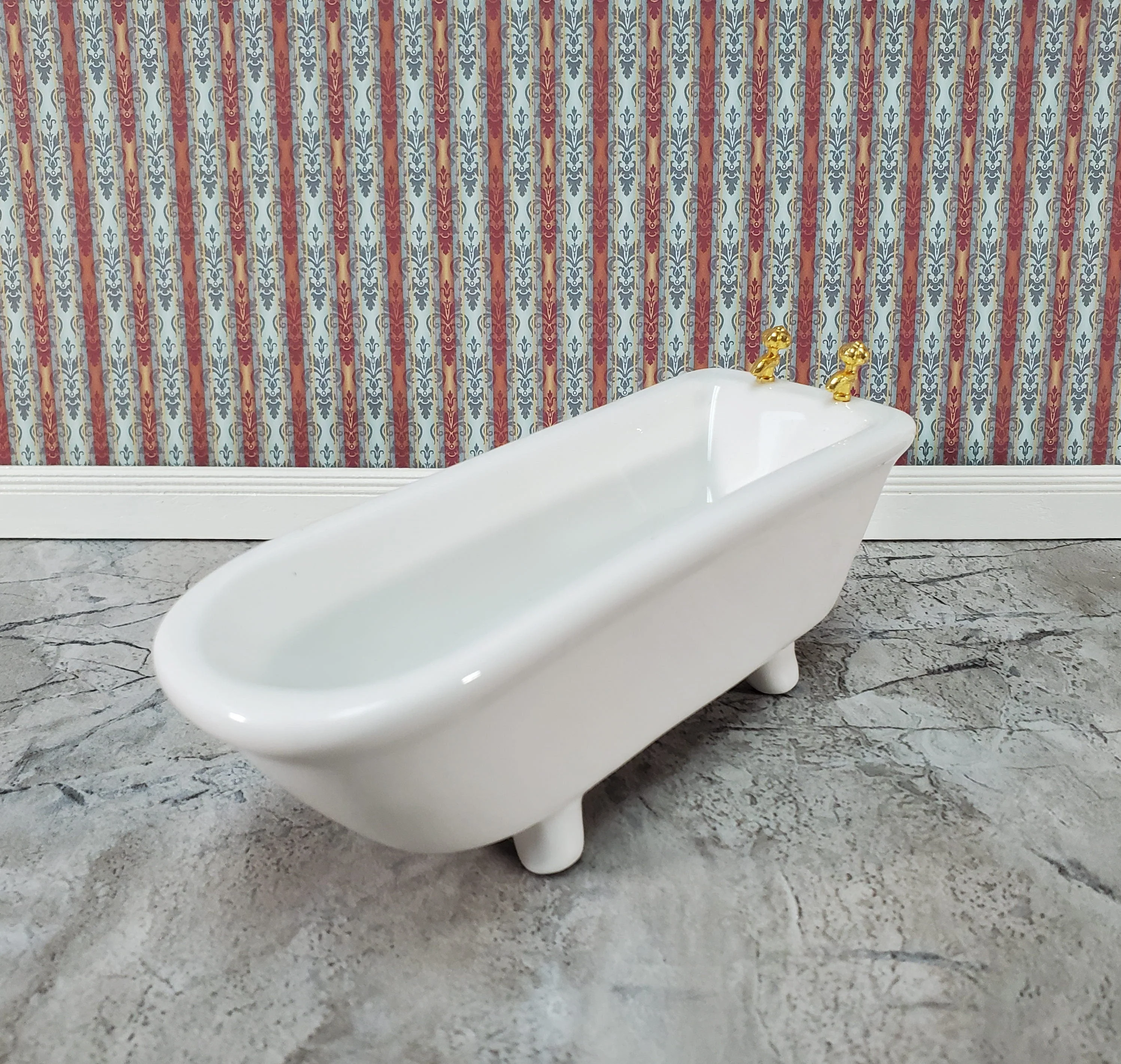 Dollhouse Bathtub Gold Faucets White Ceramic 1:12 Scale Miniature Bathroom Tub