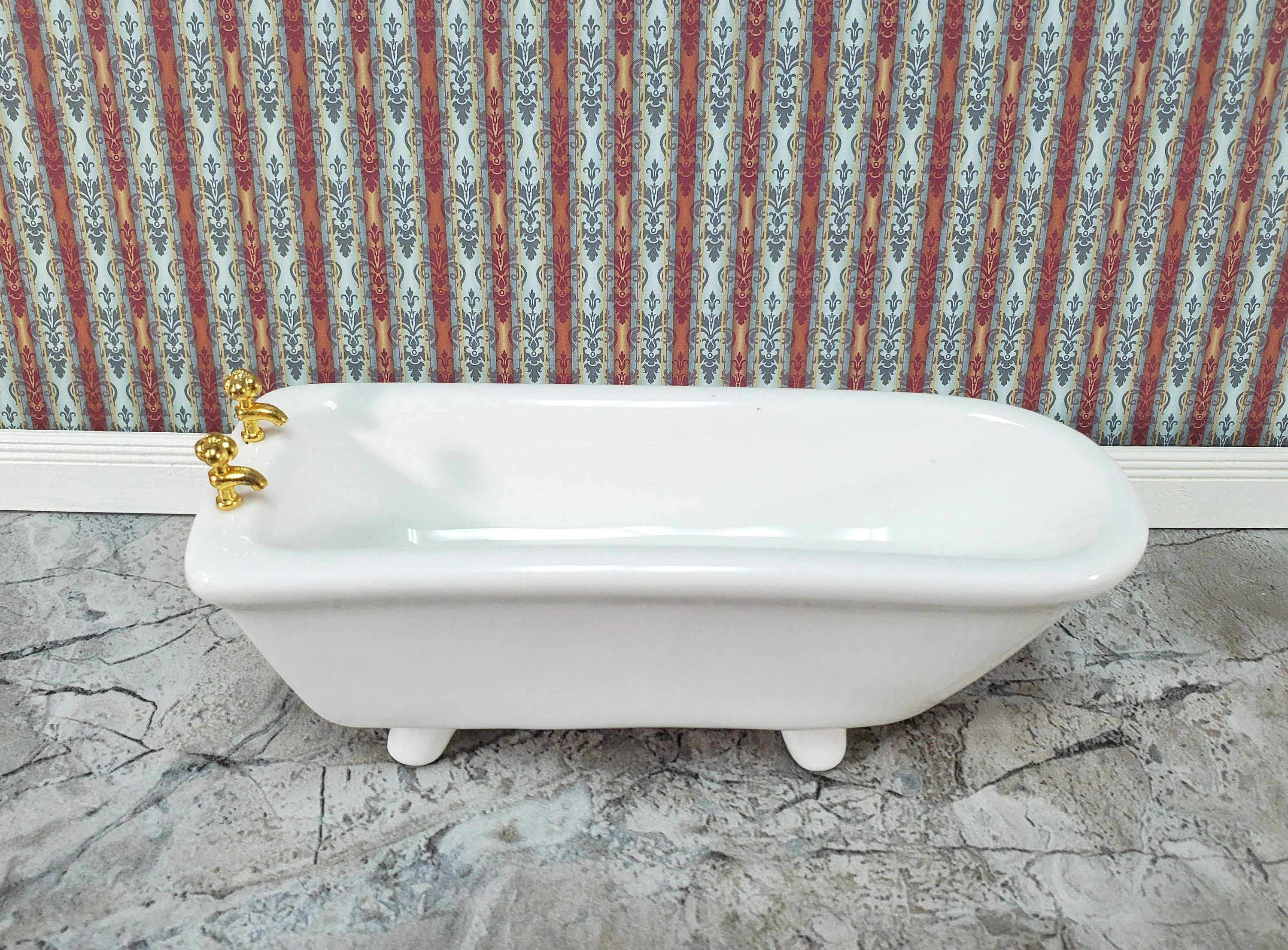 Dollhouse Bathtub Gold Faucets White Ceramic 1:12 Scale Miniature Bathroom Tub - Image 2