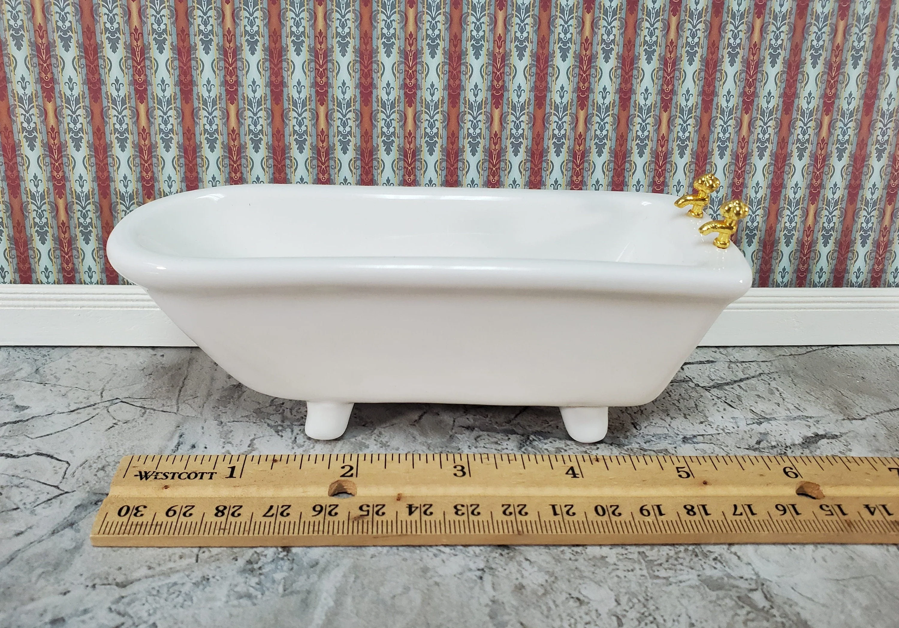 Dollhouse Bathtub Gold Faucets White Ceramic 1:12 Scale Miniature Bathroom Tub - Image 4
