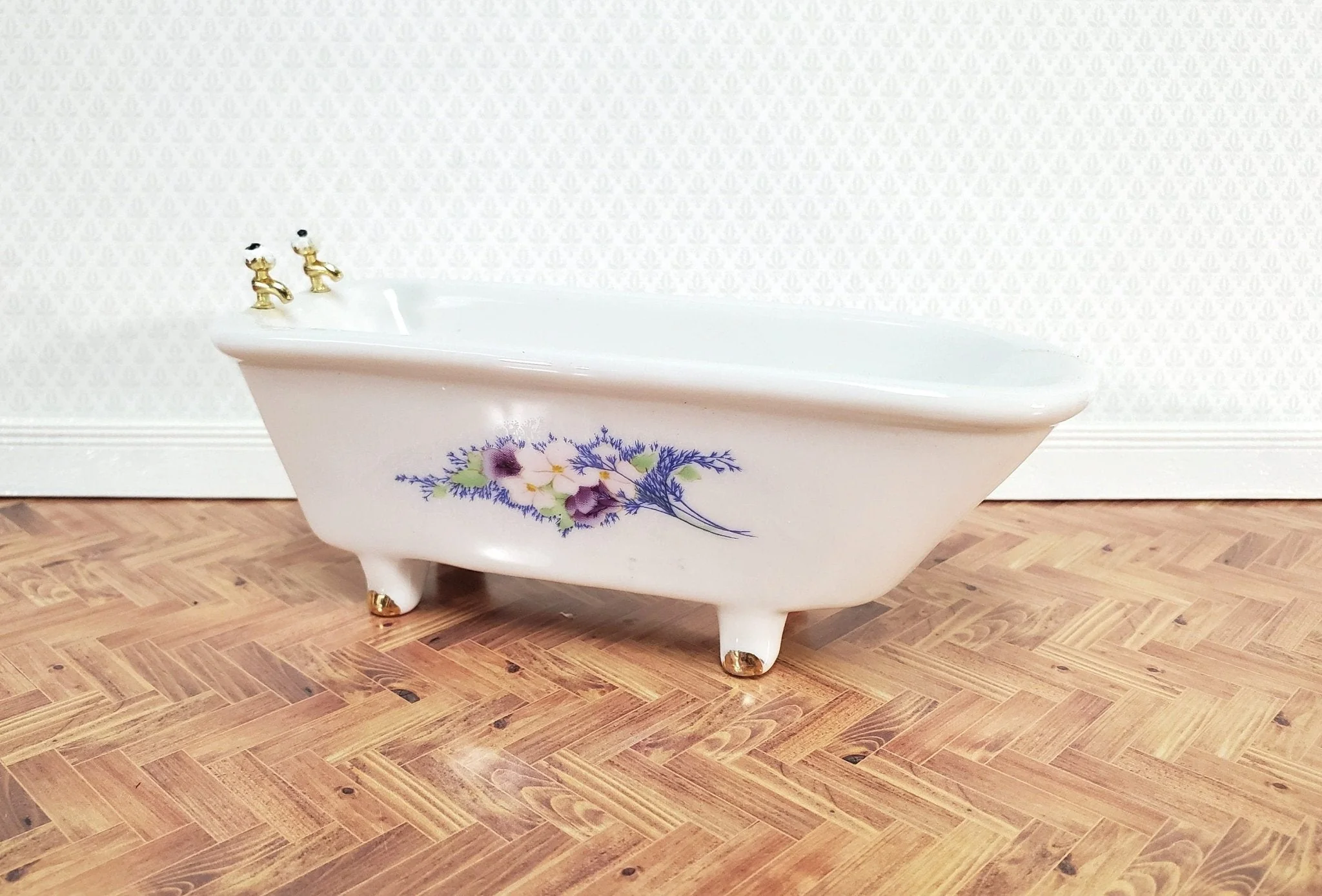 Dollhouse Bathtub White Ceramic with Floral Decor 1:12 Scale Miniature Bathroom Tub