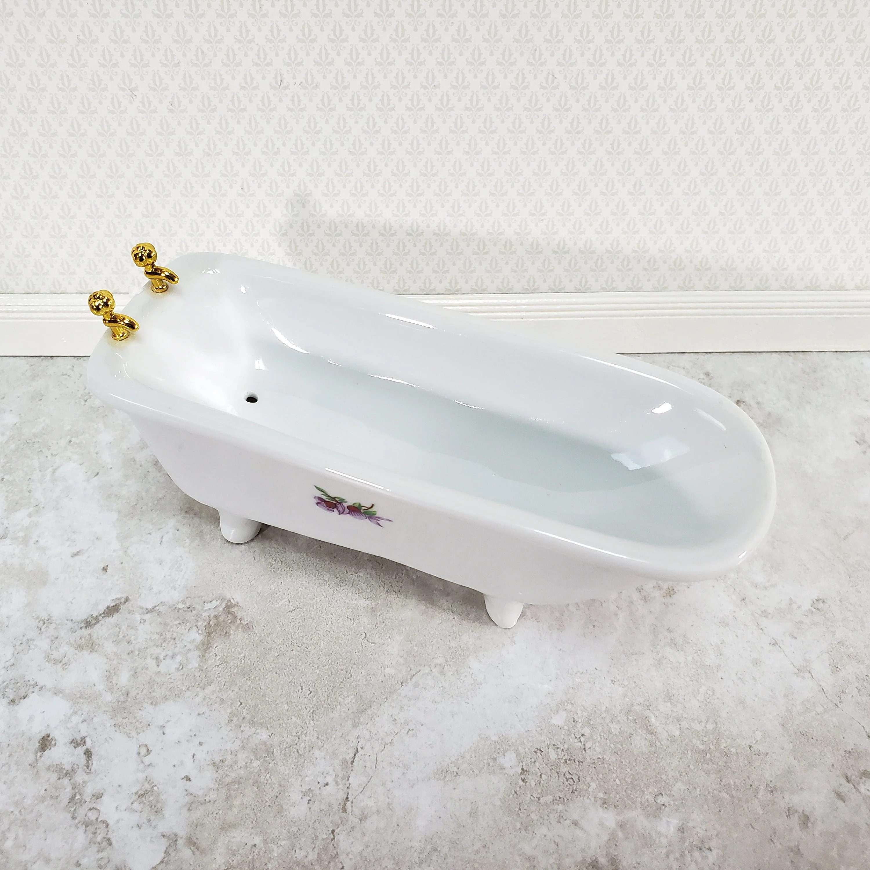 Dollhouse Bathtub White Ceramic with Purple Flowers 1:12 Scale Bathroom Tub - Image 2