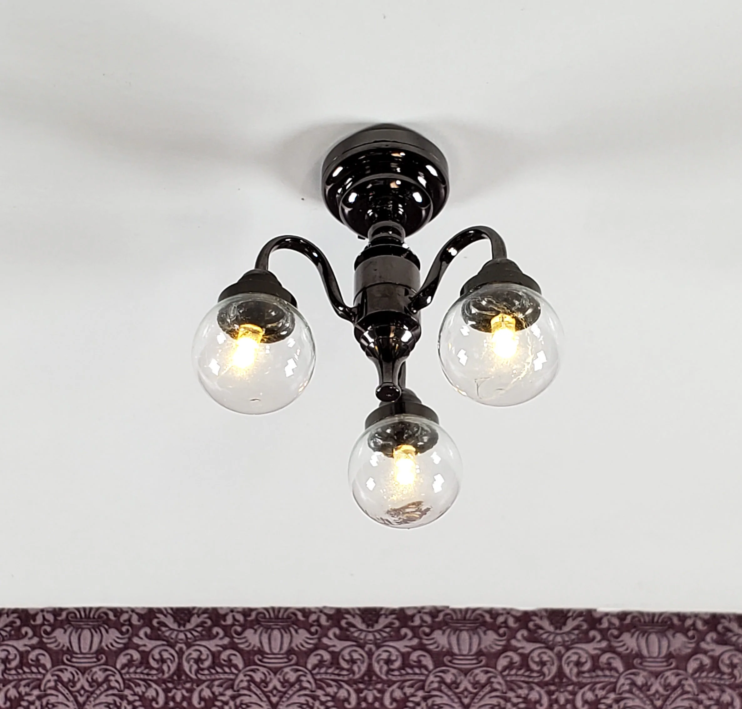 Dollhouse Battery Ceiling Light 3 Arm Globe Chandelier Black Chrome 1:12 Scale - Image 2