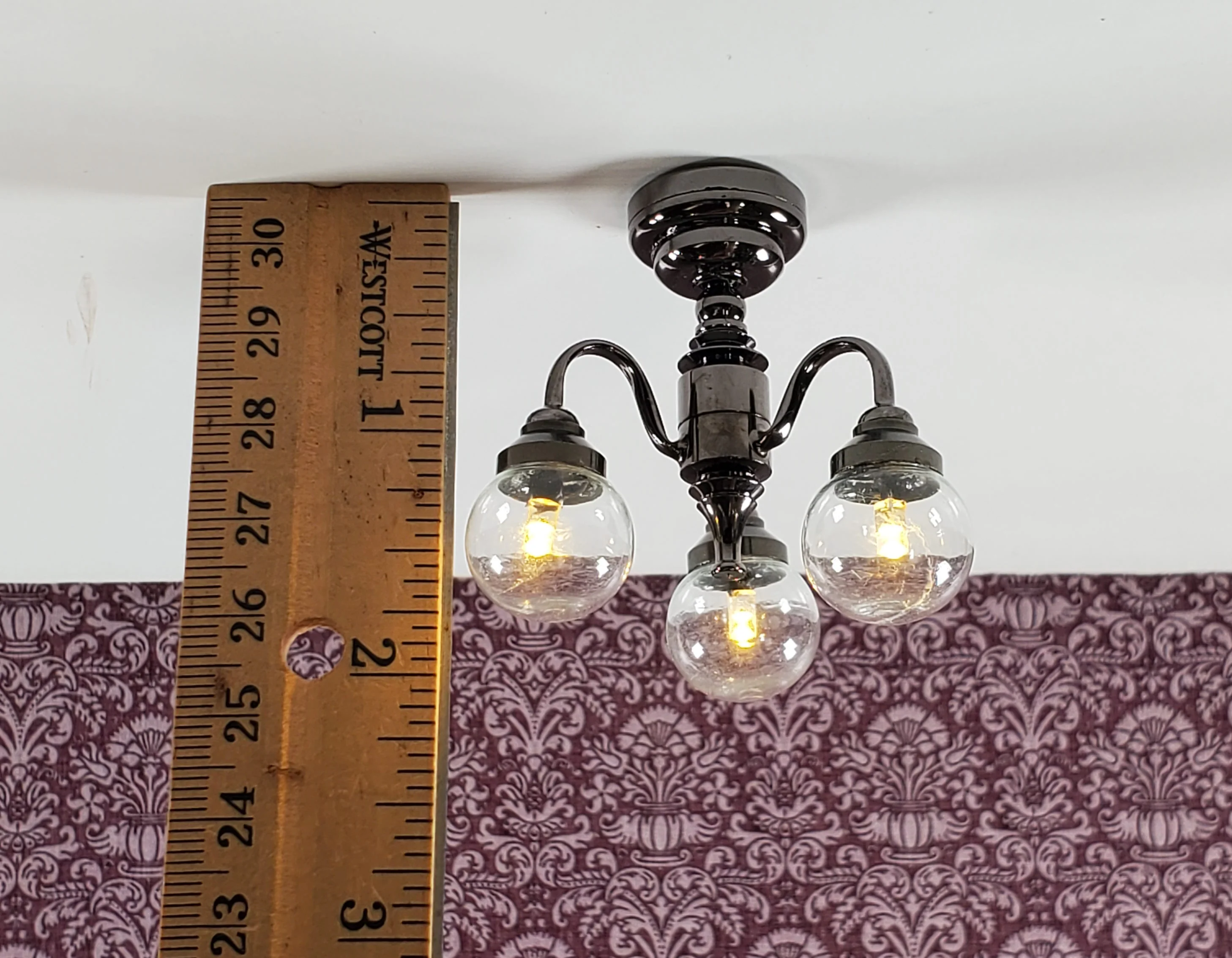 Dollhouse Battery Ceiling Light 3 Arm Globe Chandelier Black Chrome 1:12 Scale - Image 5