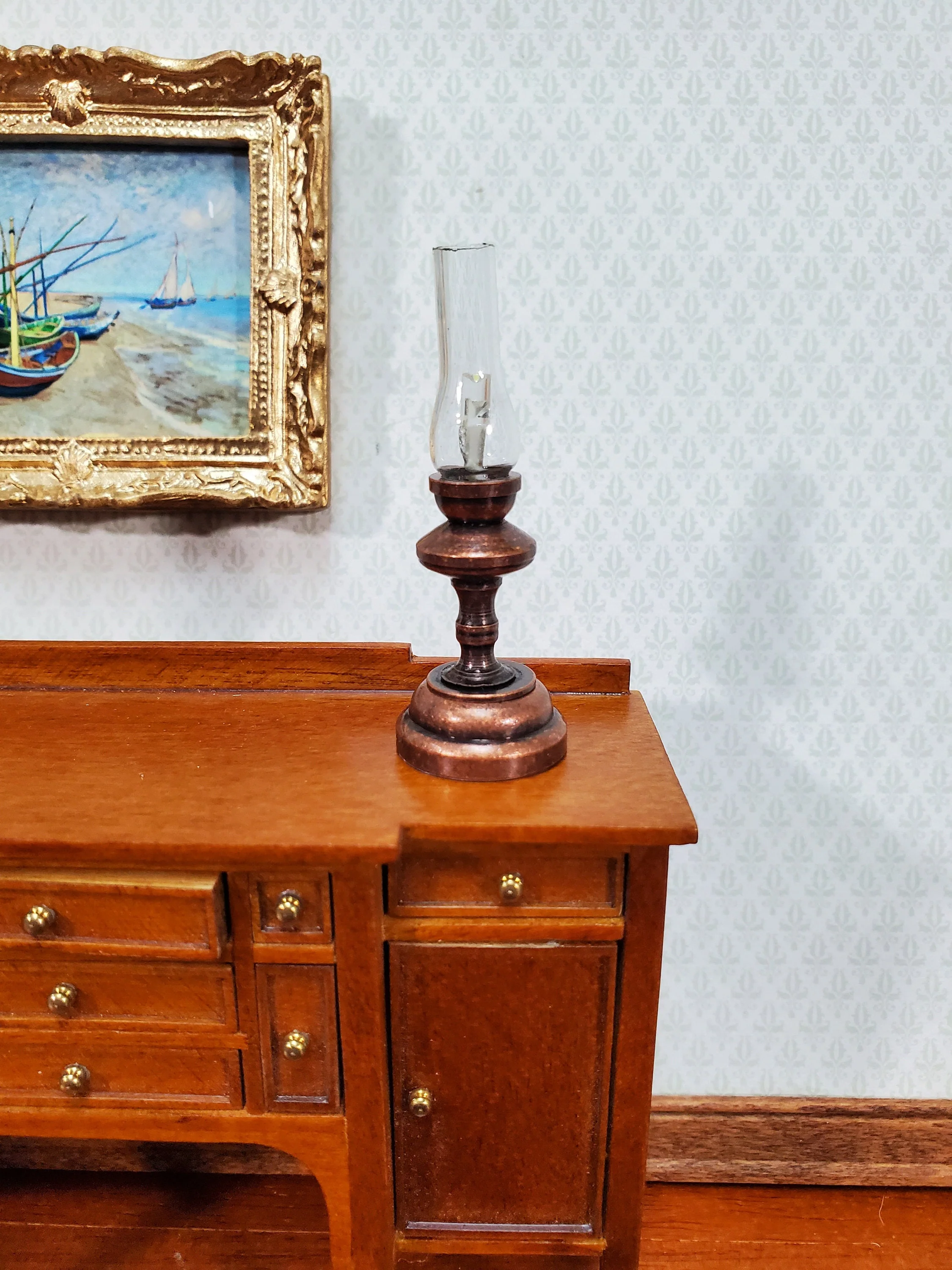 Dollhouse Battery Light Hurricane Lantern Table Lamp Bronze 1:12 Scale Miniature - Image 2