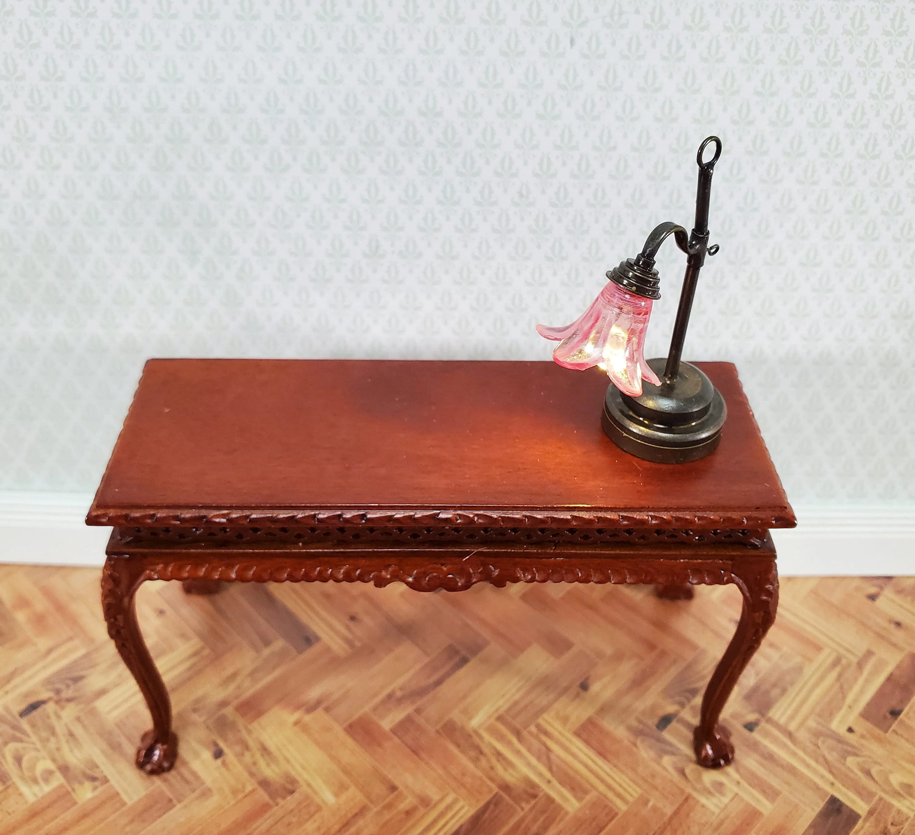 Dollhouse Battery Light Table Lamp Pink Flower Shade Bronze Base 1:12 Scale - Image 3