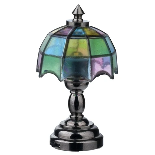 Dollhouse Battery Light Table Lamp Stained Glass Style Dark Nickel Base 1:12