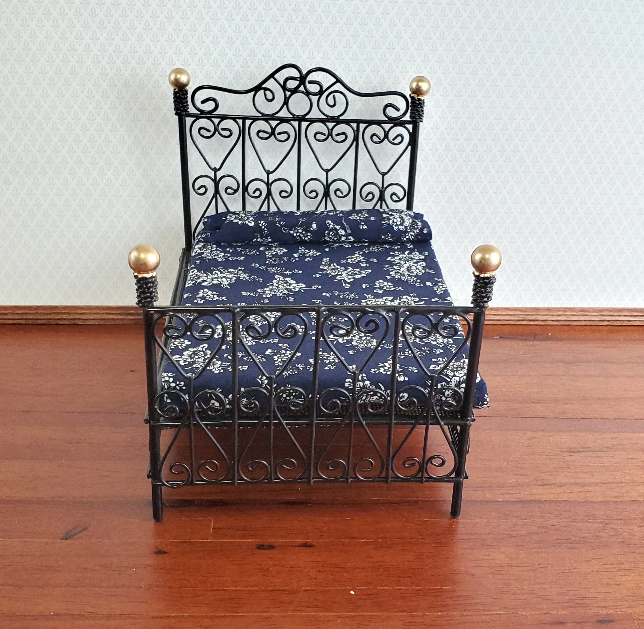 Dollhouse Bed Black Metal Wire with Mattress Mattress Queen Size 1:12 Scale Furniture - Image 3
