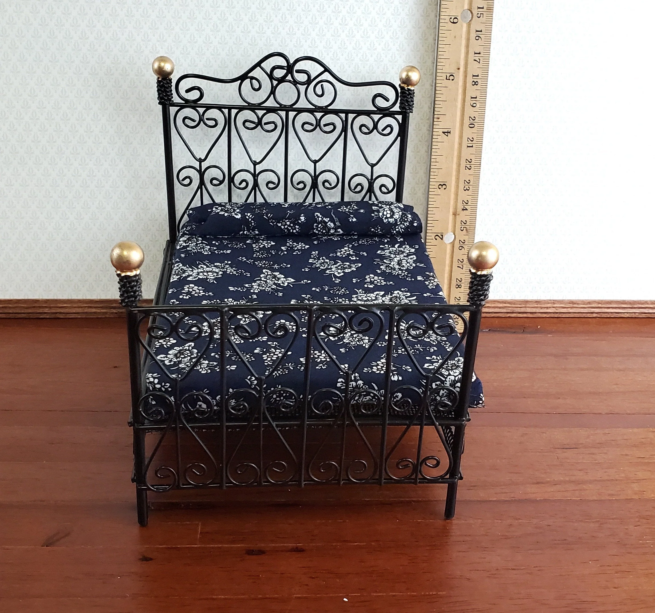 Dollhouse Bed Black Metal Wire with Mattress Mattress Queen Size 1:12 Scale Furniture - Image 4