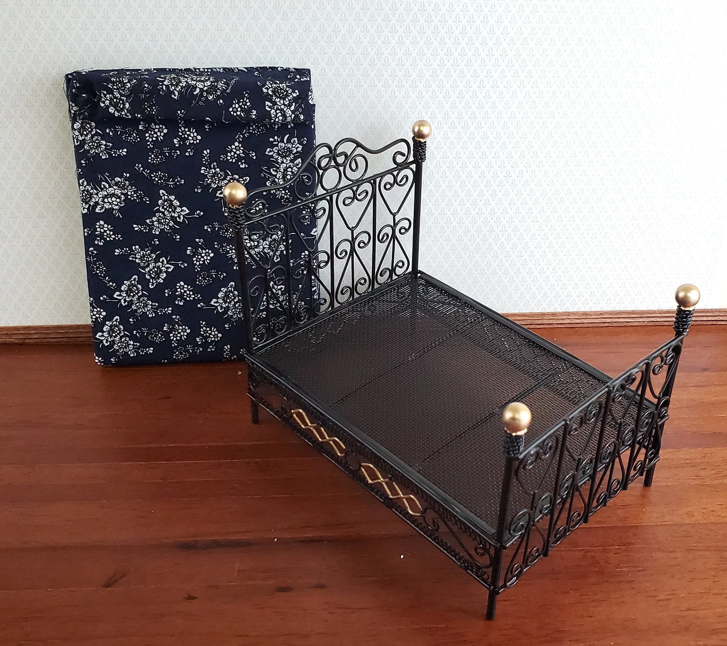 Dollhouse Bed Black Metal Wire with Mattress Mattress Queen Size 1:12 Scale Furniture - Image 6