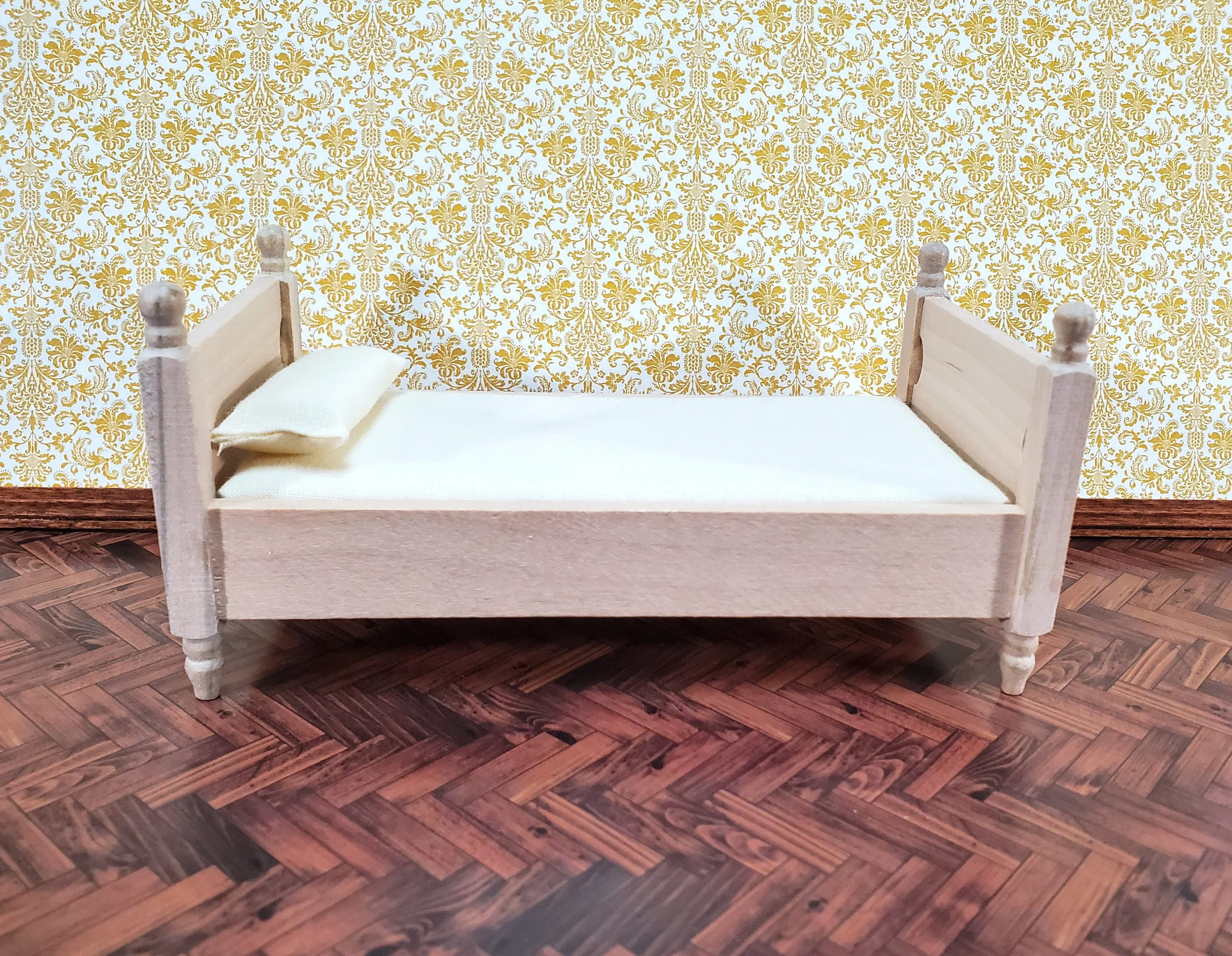 Dollhouse Bed Twin Size with Mattress Unpainted Wood 1:12 Scale Miniature Bedroom Furniture - Image 2
